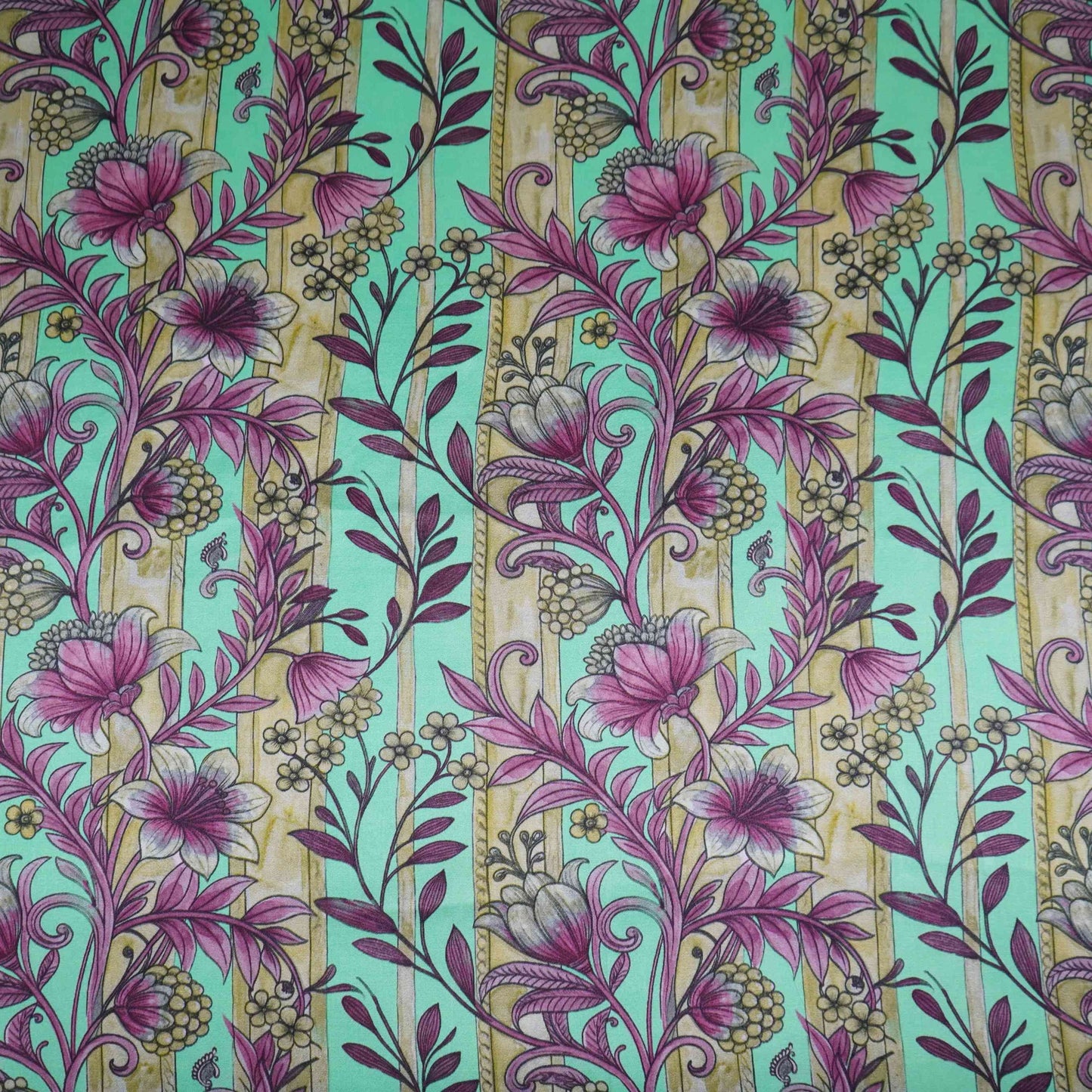 Mint Green Kalamkari Stripes print Bemberg Modal Silk Fabric KTP-31386