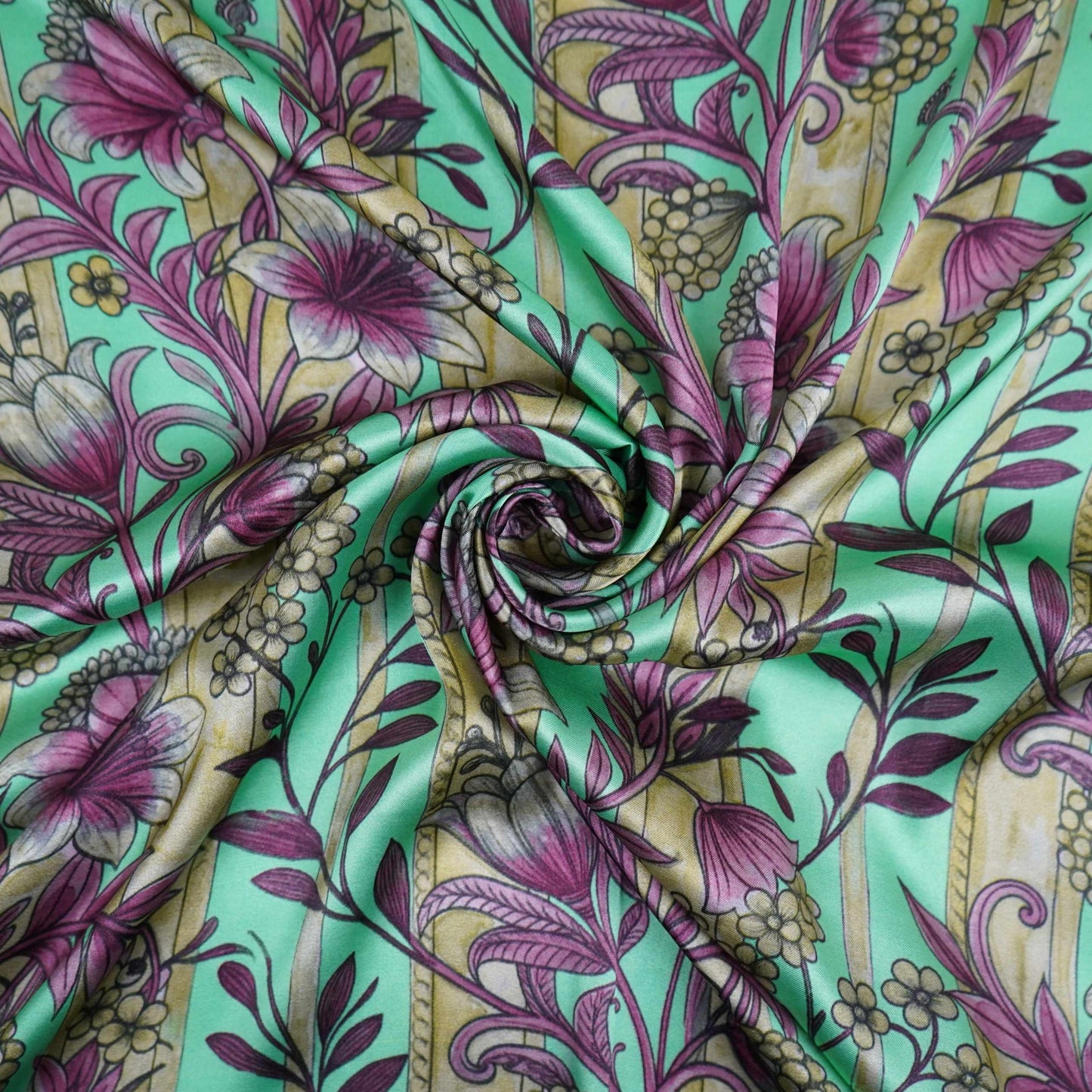 Mint Green Kalamkari Stripes print Bemberg Modal Silk Fabric KTP-31386