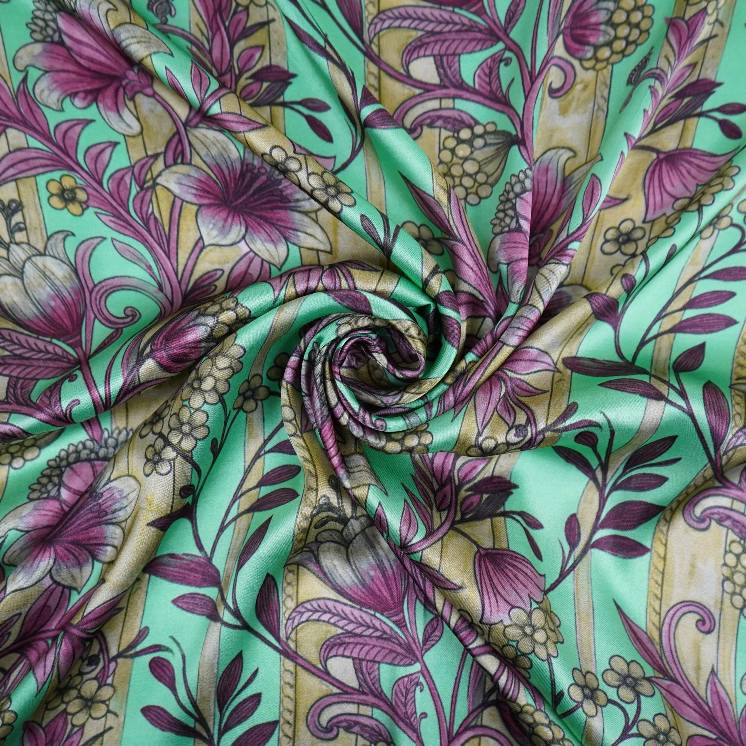 Mint Green Kalamkari Stripes print Bemberg Modal Silk Fabric KTP-31386 - TradeUNO