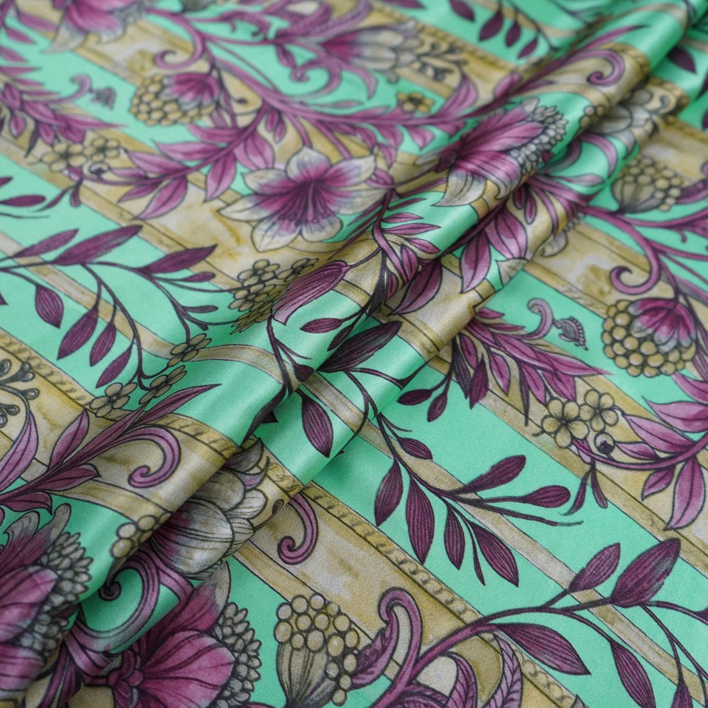 Mint Green Kalamkari Stripes print Bemberg Modal Silk Fabric KTP-31386