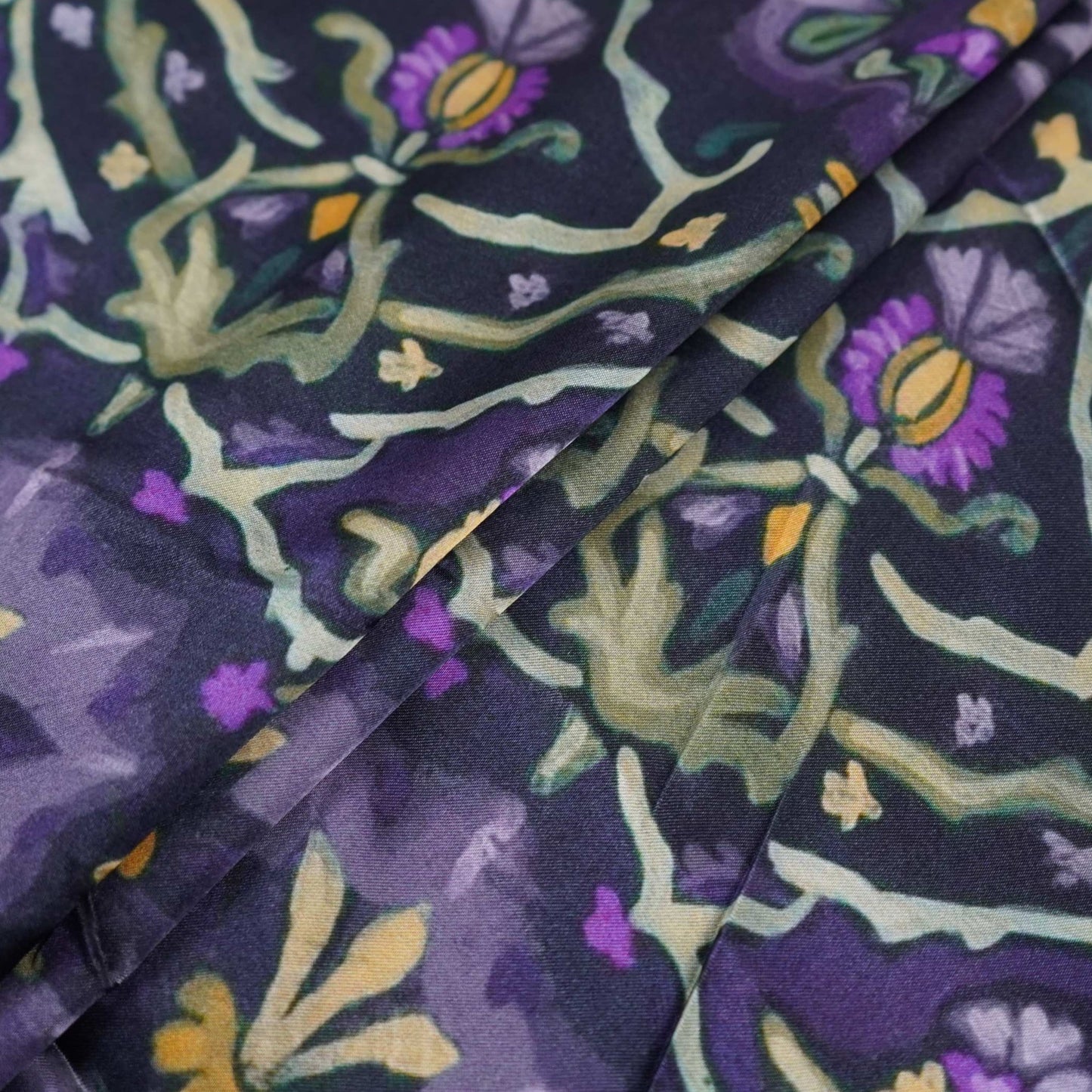 Midnight Purple Mughal floral print Bemberg Modal Silk Fabric KTP-31399