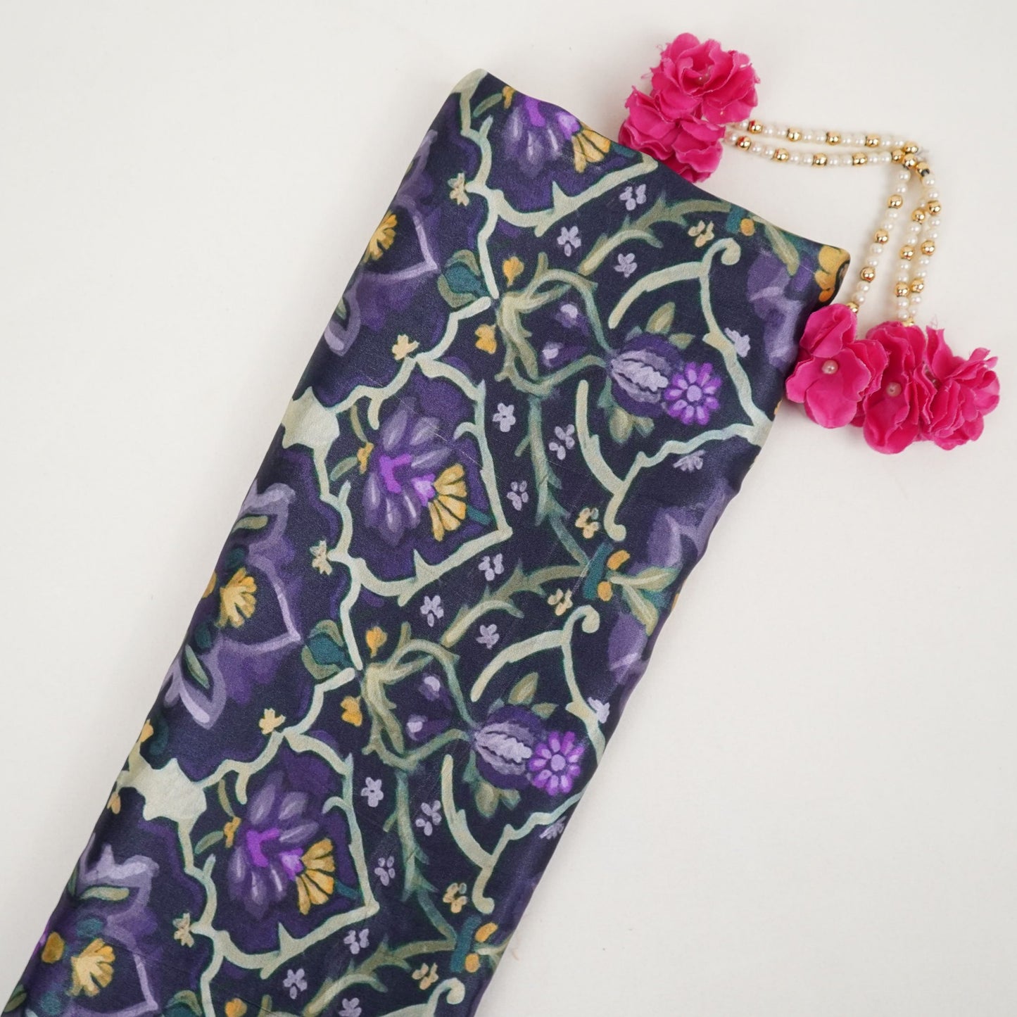 Midnight Purple Mughal floral print Bemberg Modal Silk Fabric KTP-31399