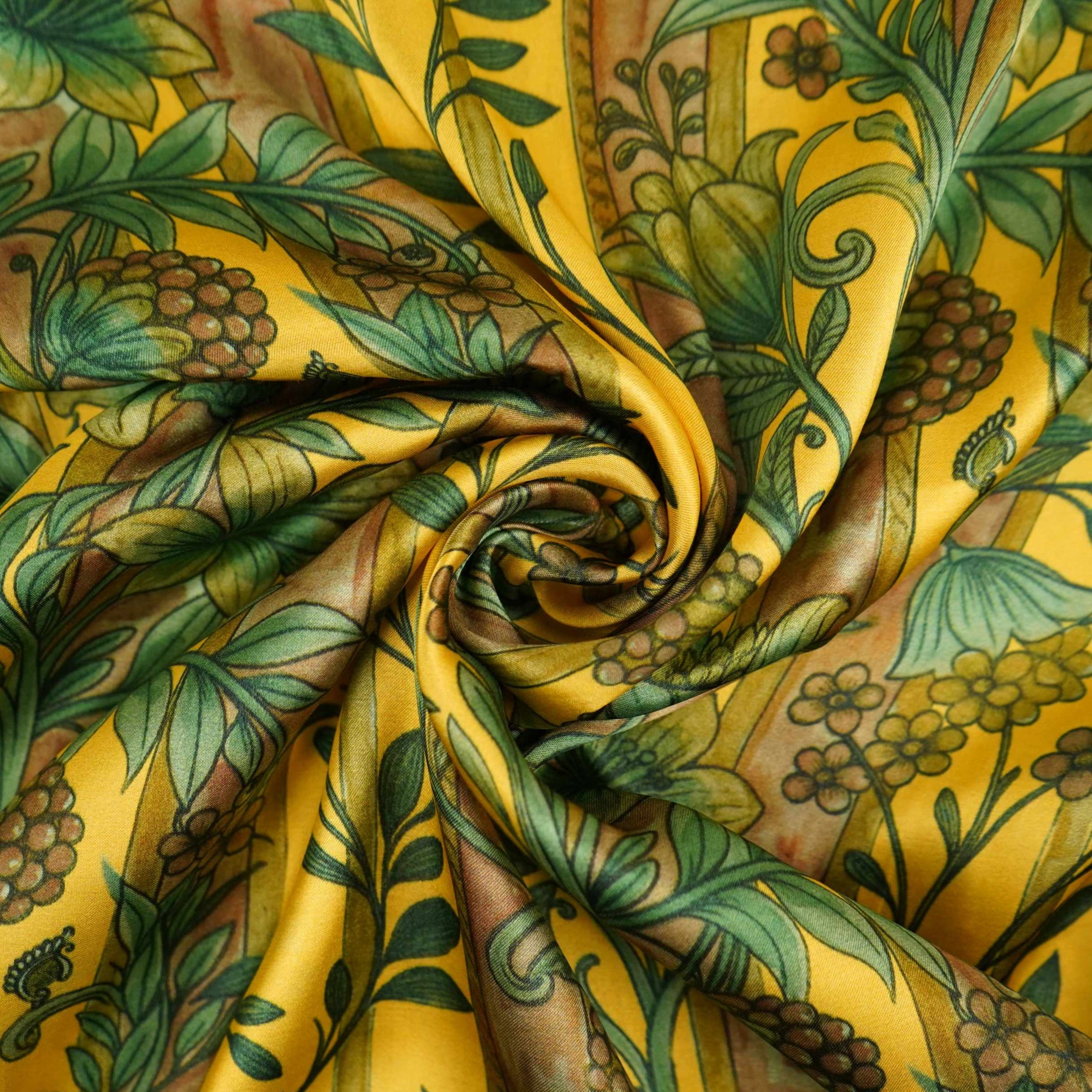 Mustard Yellow Kalamkari stripes print Bemberg Modal Silk Fabric KTP-31385 - TradeUNO