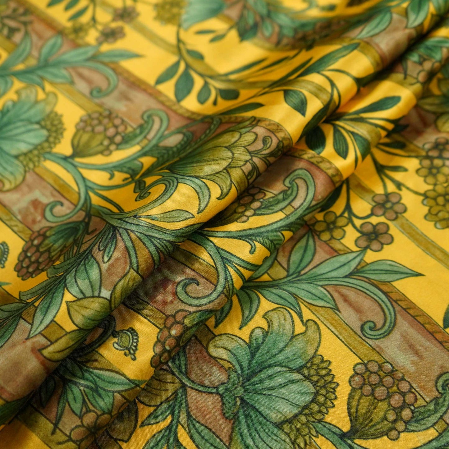 Mustard Yellow Kalamkari stripes print Bemberg Modal Silk Fabric KTP-31385