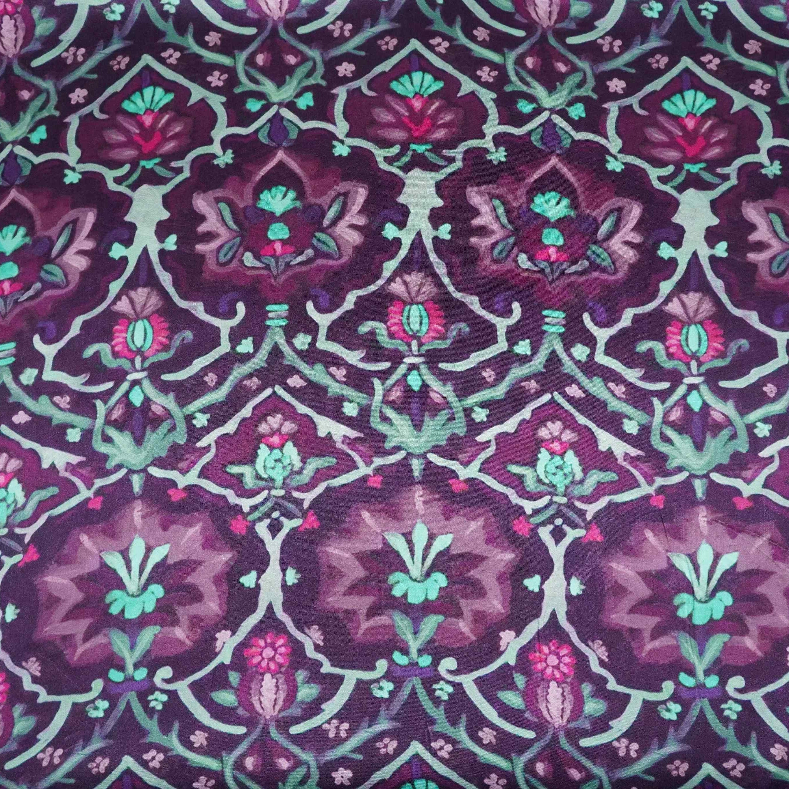Deep Wine Mughal floral print Bemberg Modal Silk Fabric KTP-31401 - TradeUNO