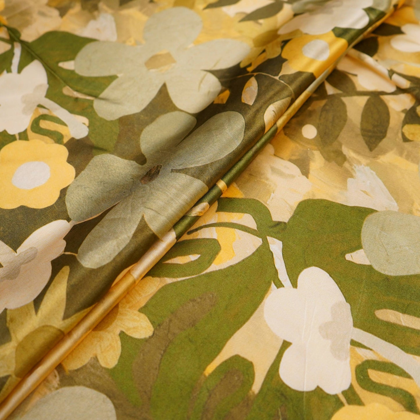 Olive Green floral print Bemberg Modal Silk Fabric KTP-31415