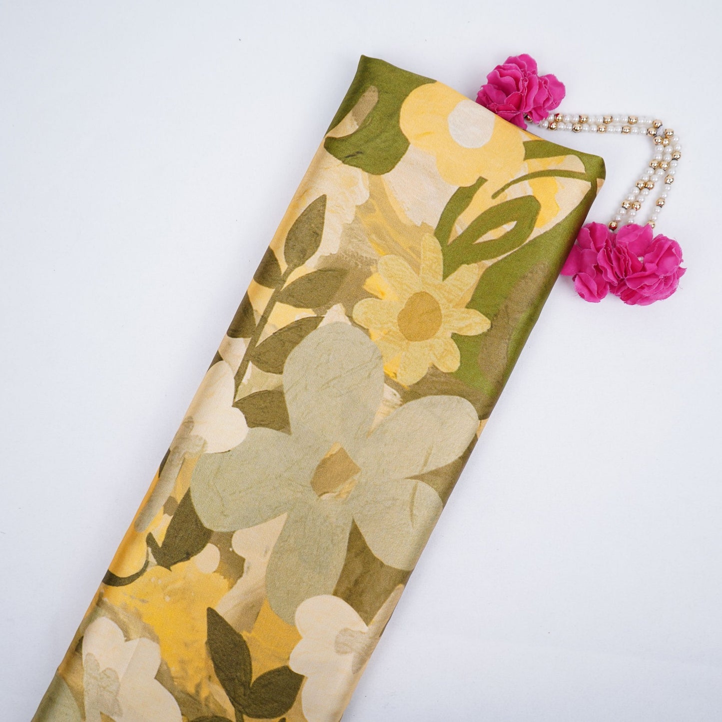 Olive Green floral print Bemberg Modal Silk Fabric KTP-31415