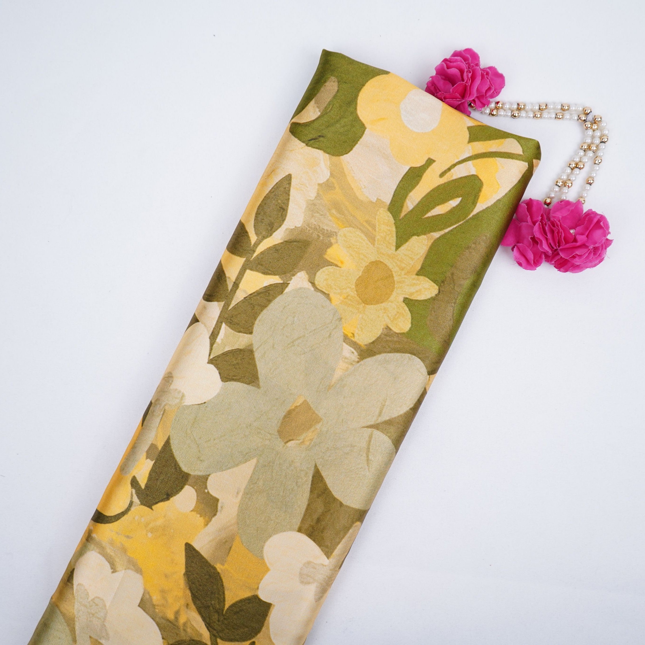 Olive Green floral print Bemberg Modal Silk Fabric KTP-31415 - TradeUNO