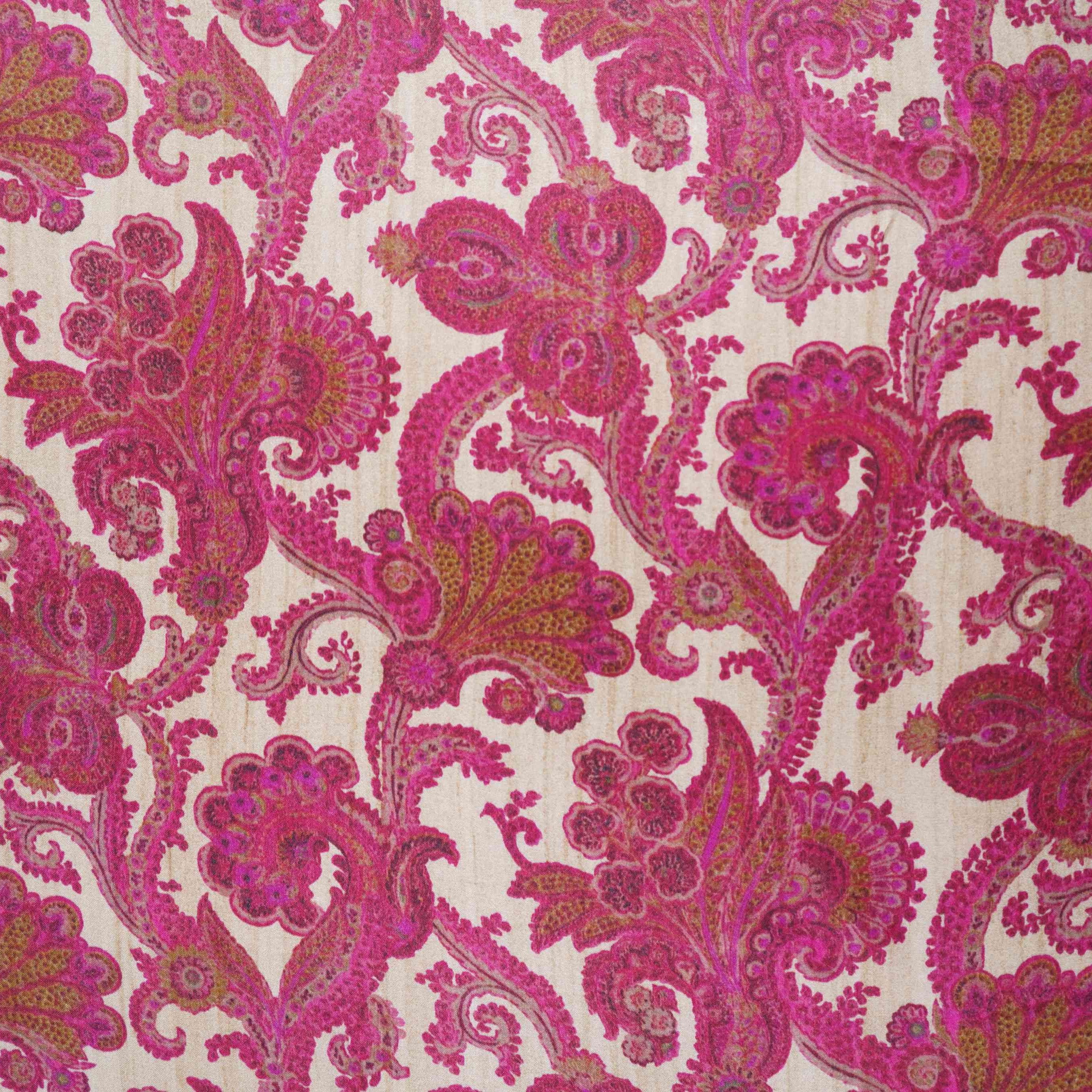 Beige with Rani Pink Paisley print Bemberg Modal Silk Fabric KTP-31391 - TradeUNO