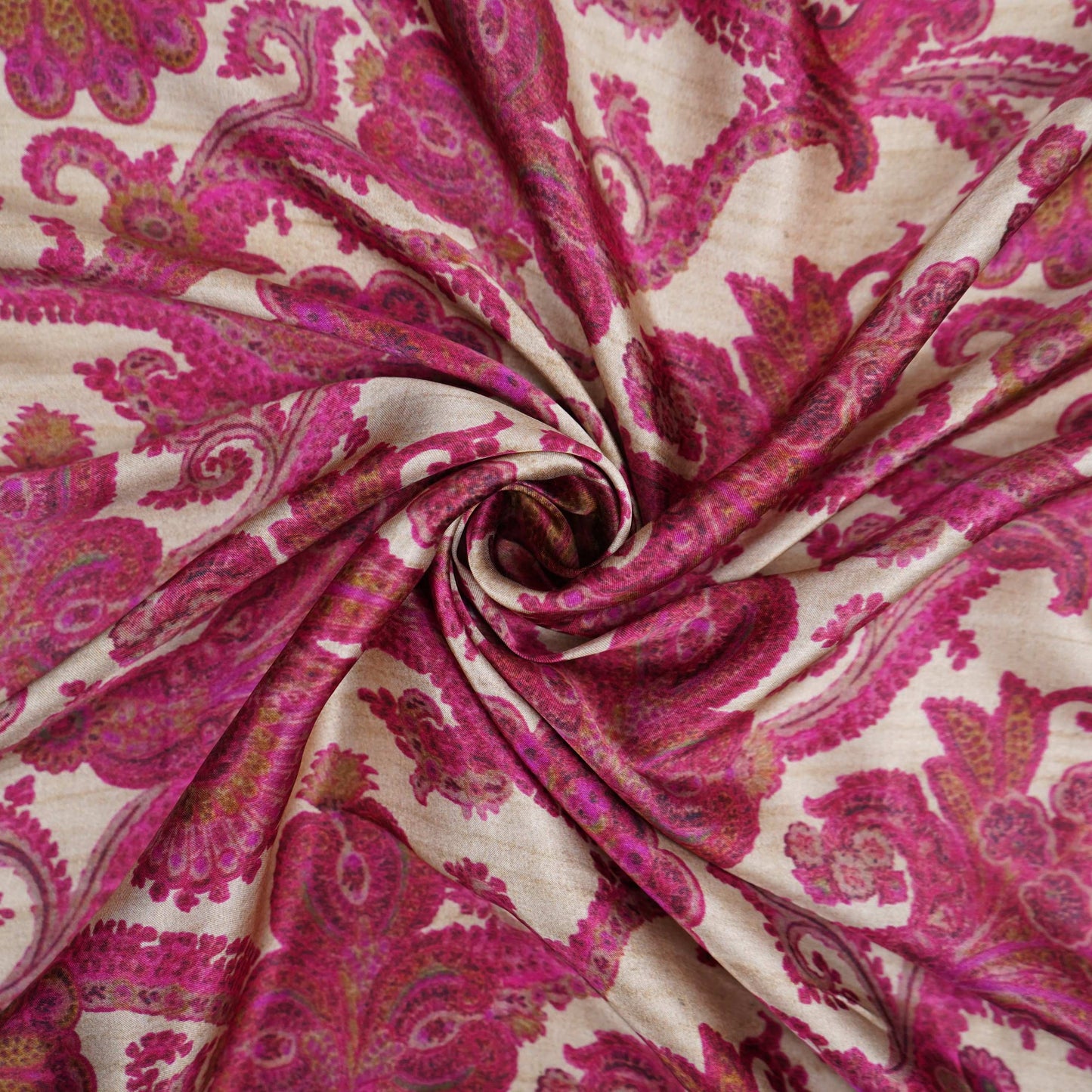 Beige with Rani Pink Paisley print Bemberg Modal Silk Fabric KTP-31391