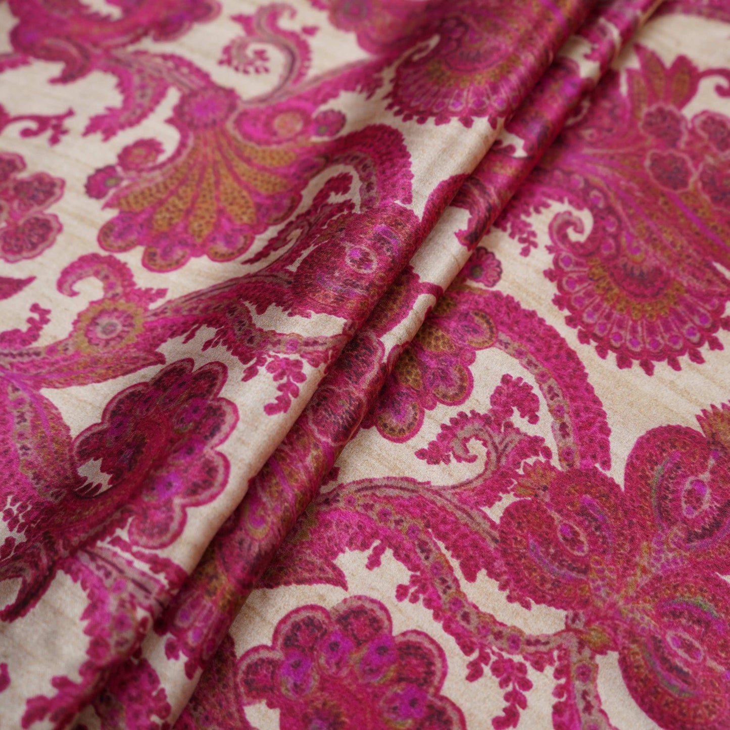 Beige with Rani Pink Paisley print Bemberg Modal Silk Fabric KTP-31391