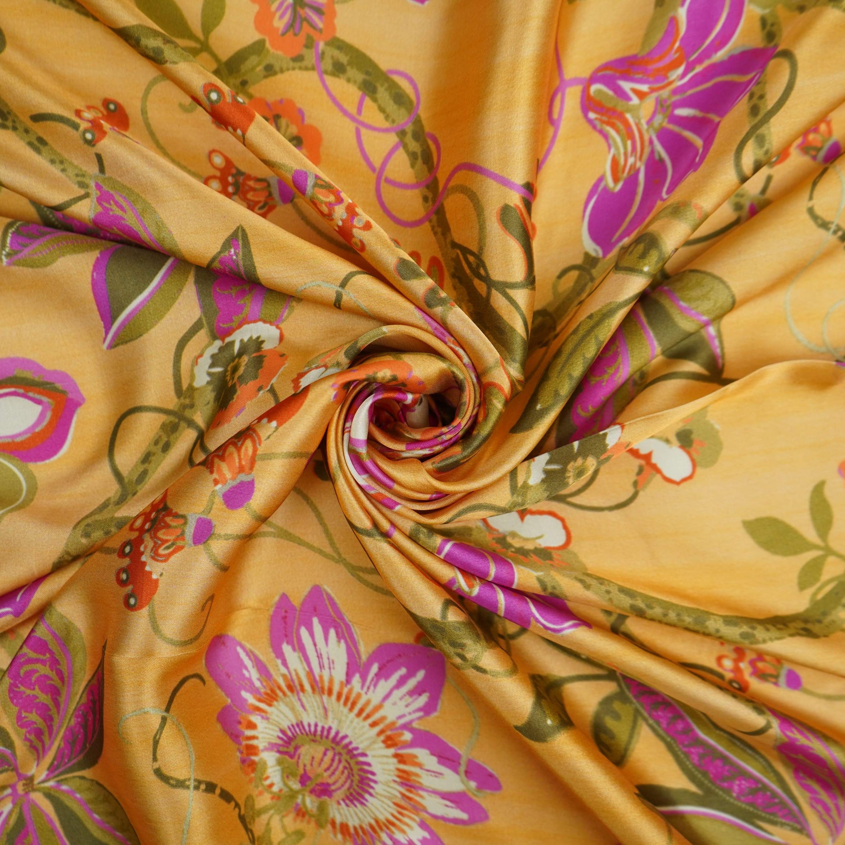 Honey Mustard floral print Bemberg Modal Silk Fabric KTP-31417 - TradeUNO