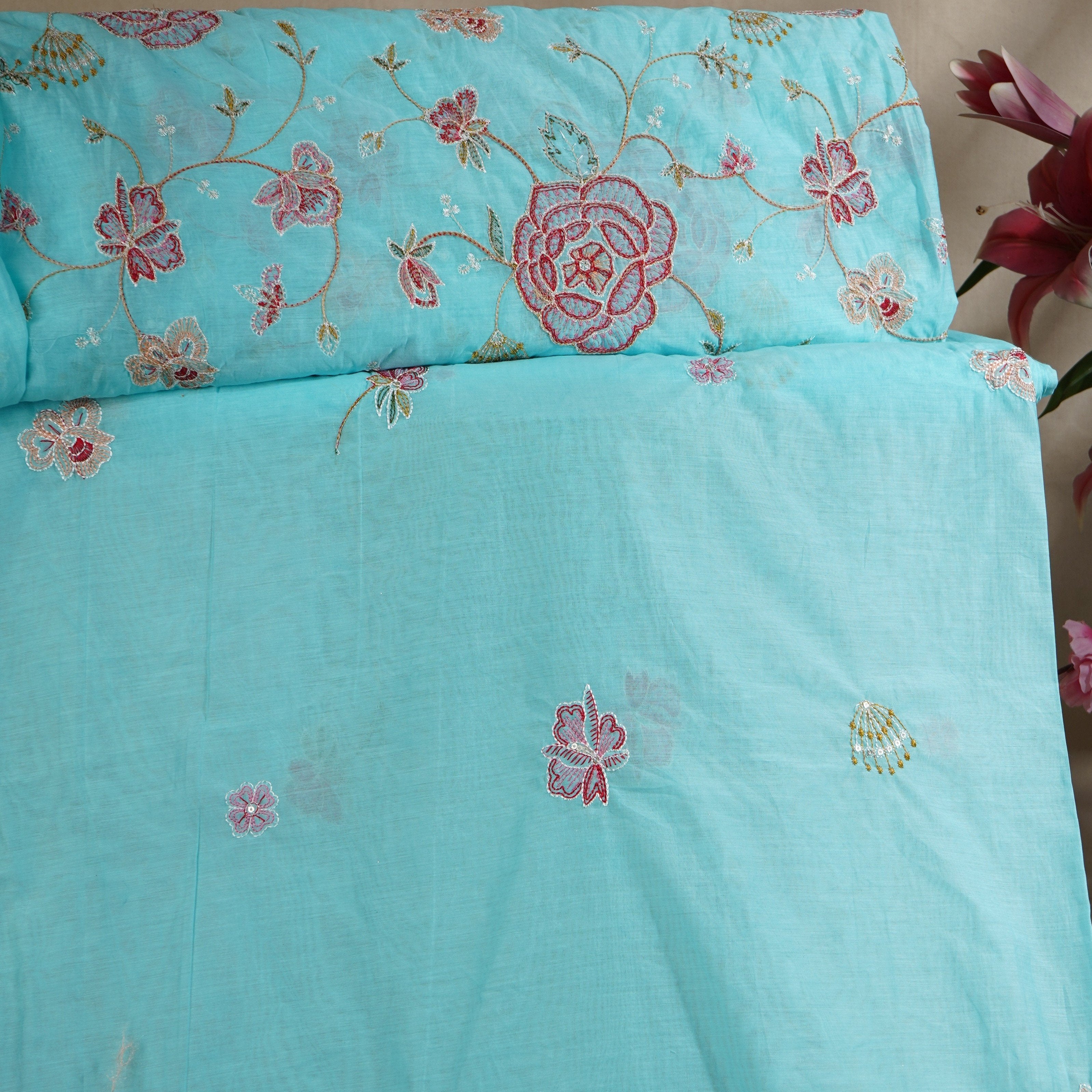 Sky Blue Aari embroidery Mul Chanderi Fabric DC-29680 - TradeUNO