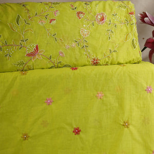 Parrot floral embroidery motif Mul Chanderi Fabric DC-29677 - TradeUNO
