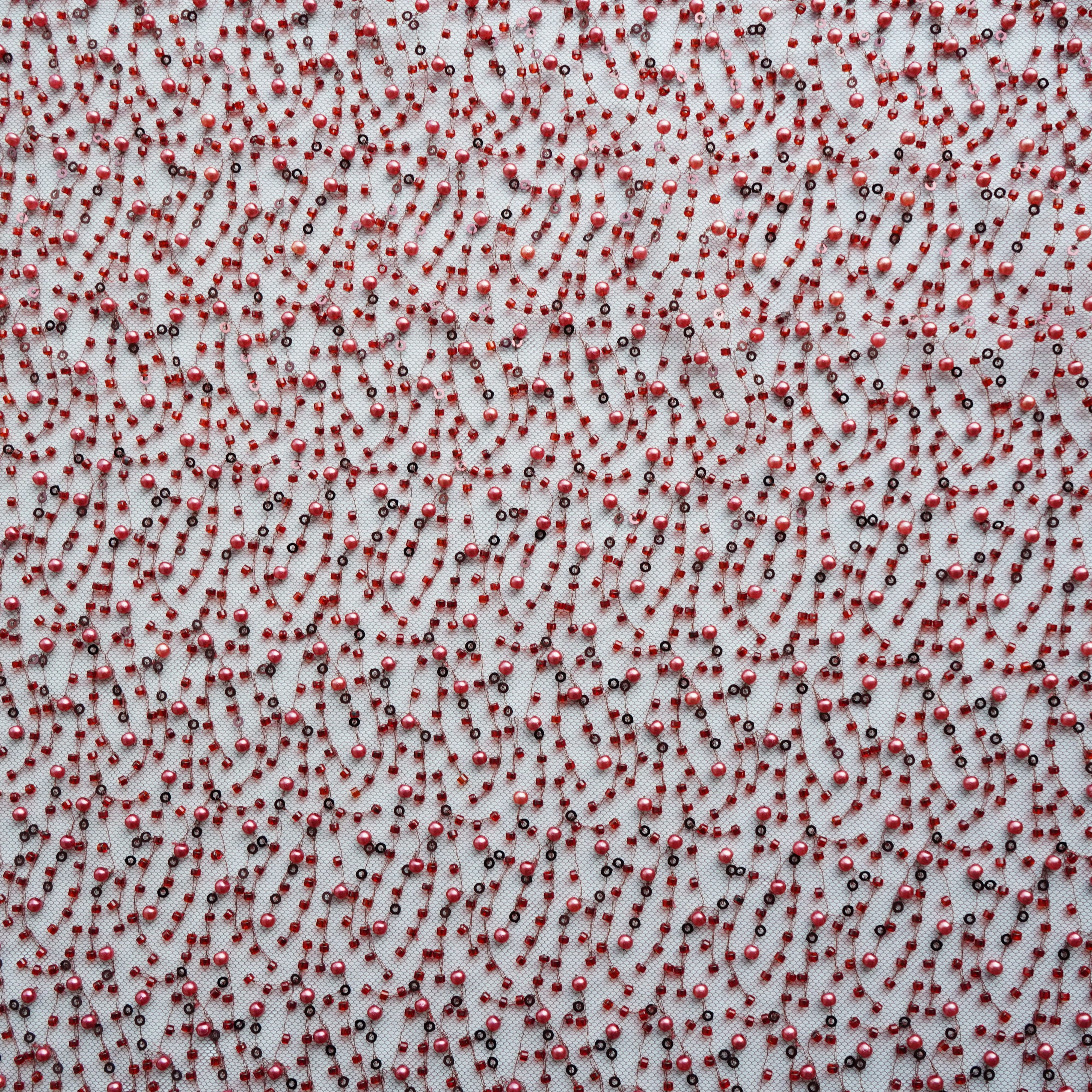 Premium Maroon Heavy Pearl CutDana Embroidery Power Net Fabric