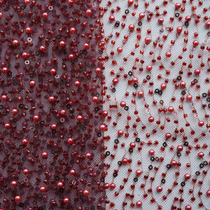 Premium Maroon Heavy Pearl CutDana Embroidery Power Net Fabric