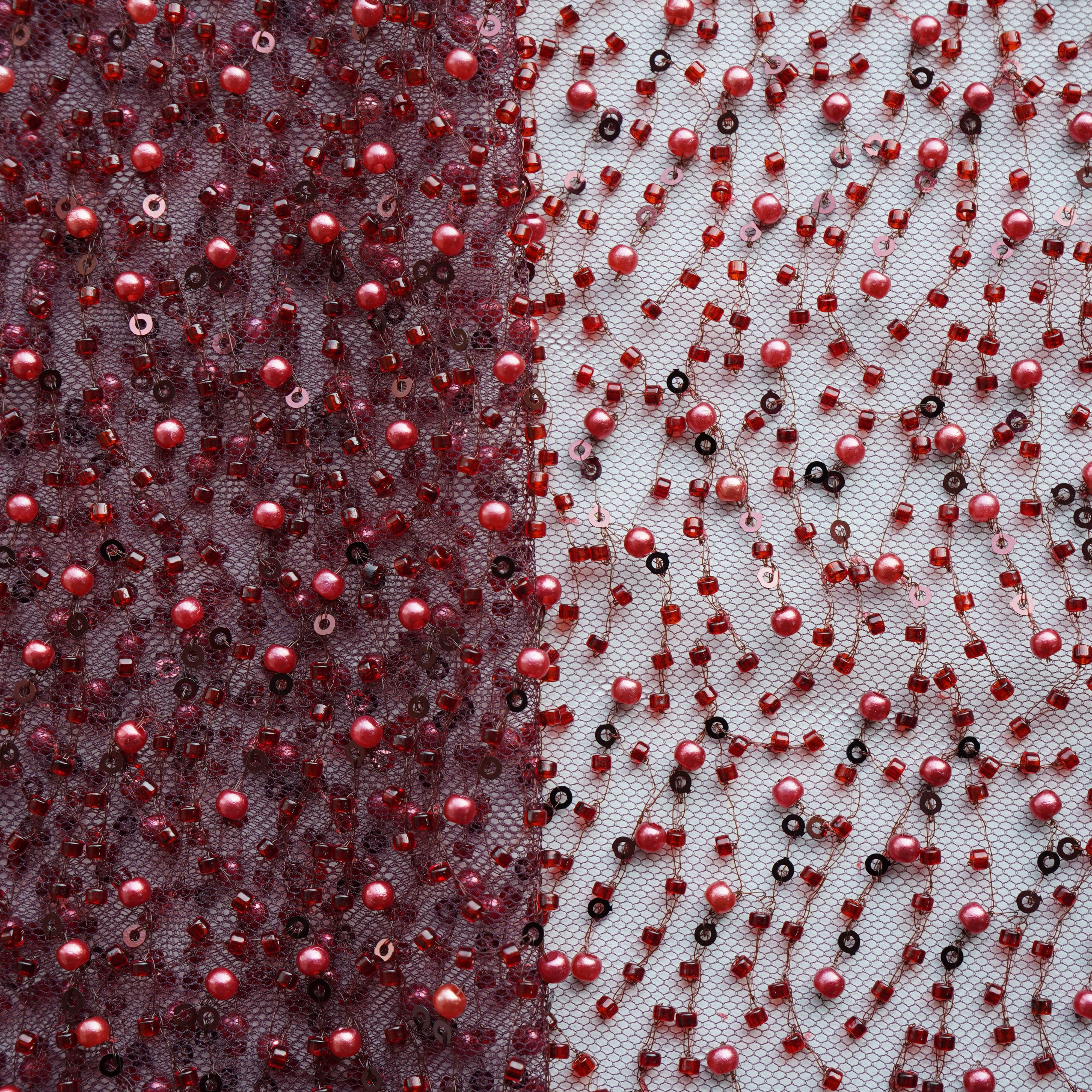 Premium Maroon Heavy Pearl CutDana Embroidery Power Net Fabric