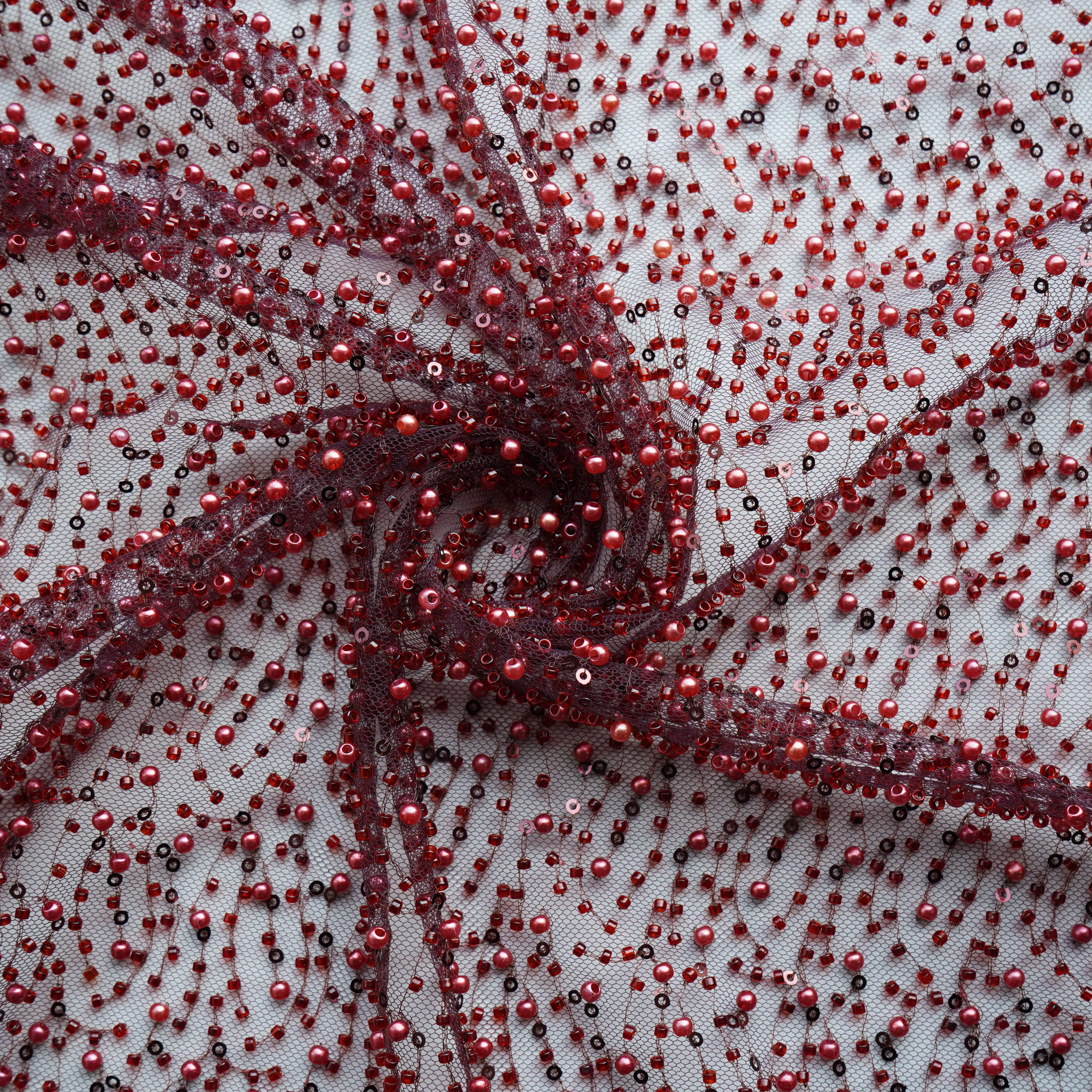 Premium Maroon Heavy Pearl CutDana Embroidery Power Net Fabric