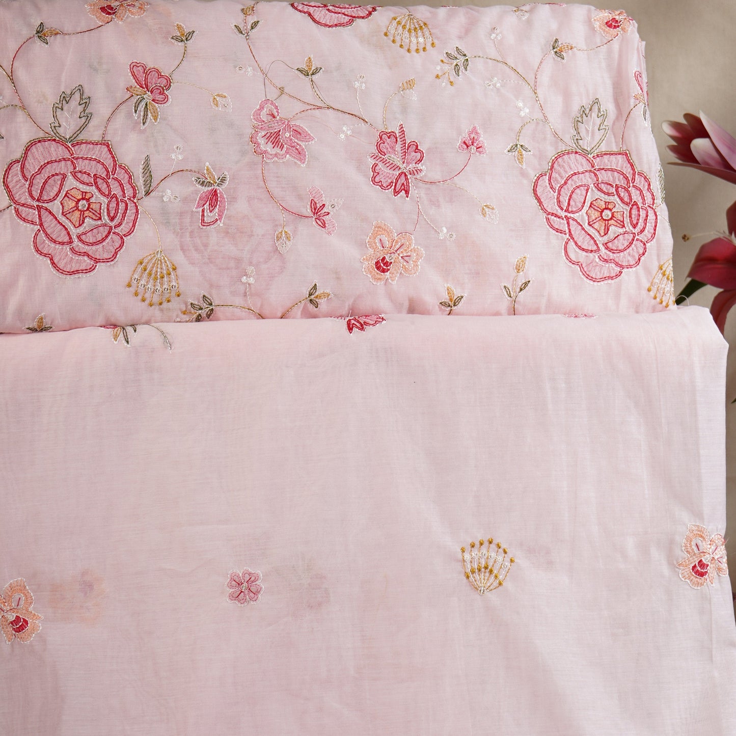 Baby Pink floral embroidery Mul Chanderi Fabric DC-29685