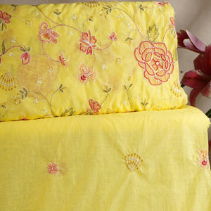Lemon Yellow Aari embroidery Mul Chanderi Fabric DC-29682 - TradeUNO