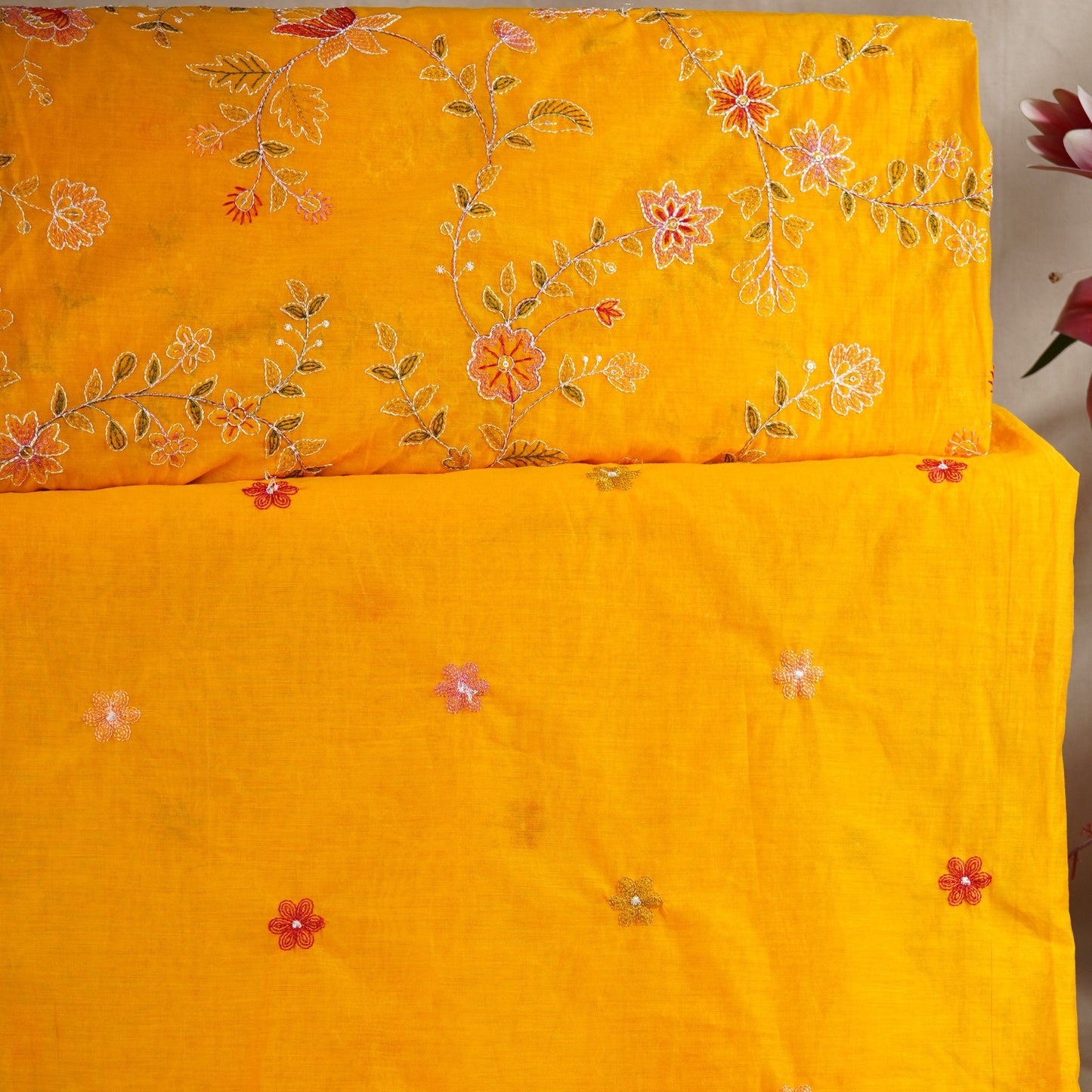 Yellow Mughal embroidery Mul Chanderi Fabric DC-29672