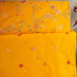 Yellow floral embroidery motif Mul Chanderi Fabric DC-29673 - TradeUNO