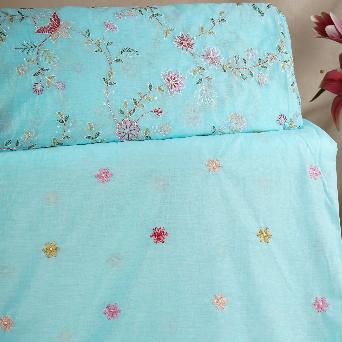 Sky Blue floral embroidery motif Mul Chanderi Fabric DC-29675