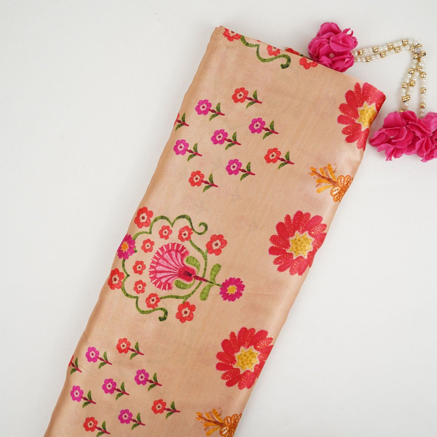 Peach floral print Bemberg Modal Silk Fabric KTP-31425