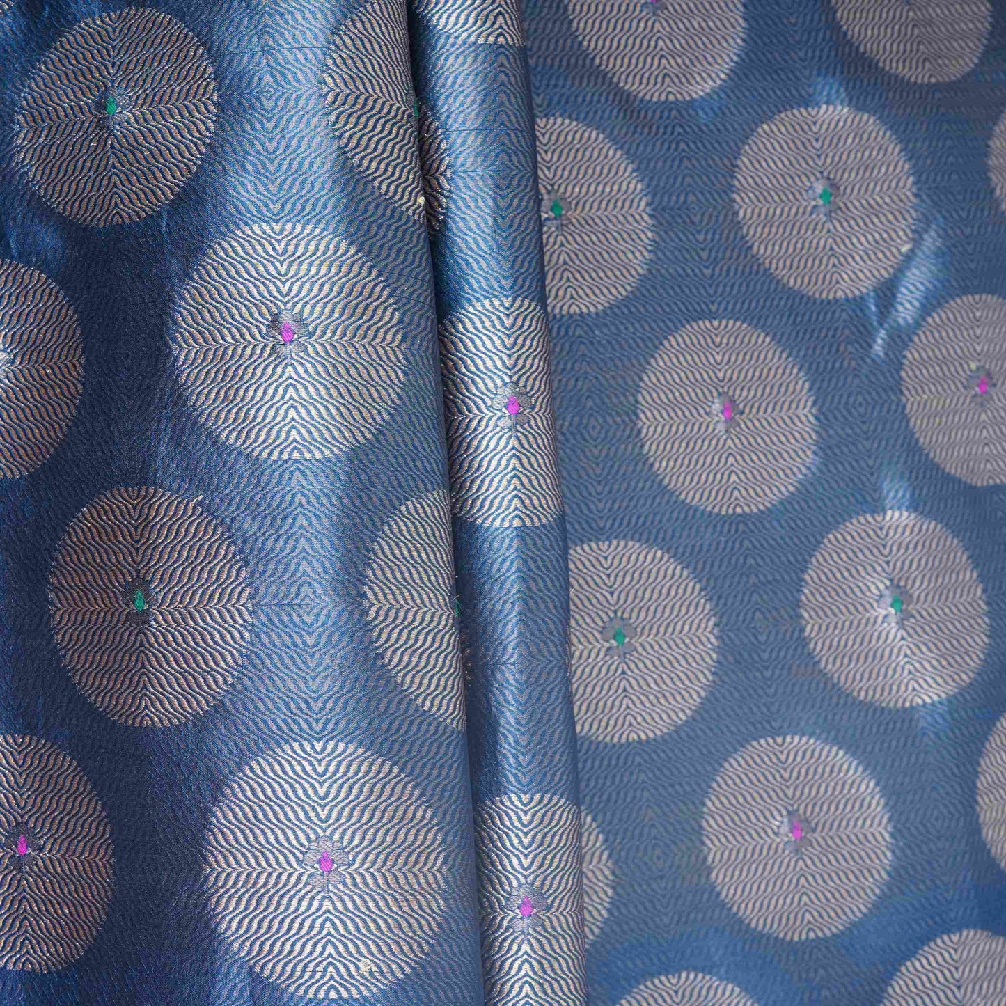 Navy Blue Zari Buta Dupion Silk Tissue Fabric YHF-32820