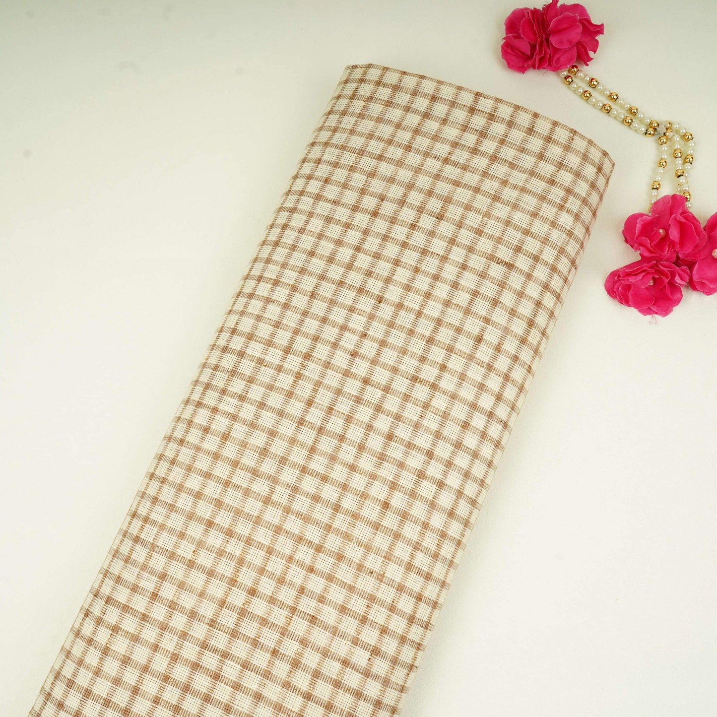 Cream with Brown Check Linen Denim Fabric RS-31216