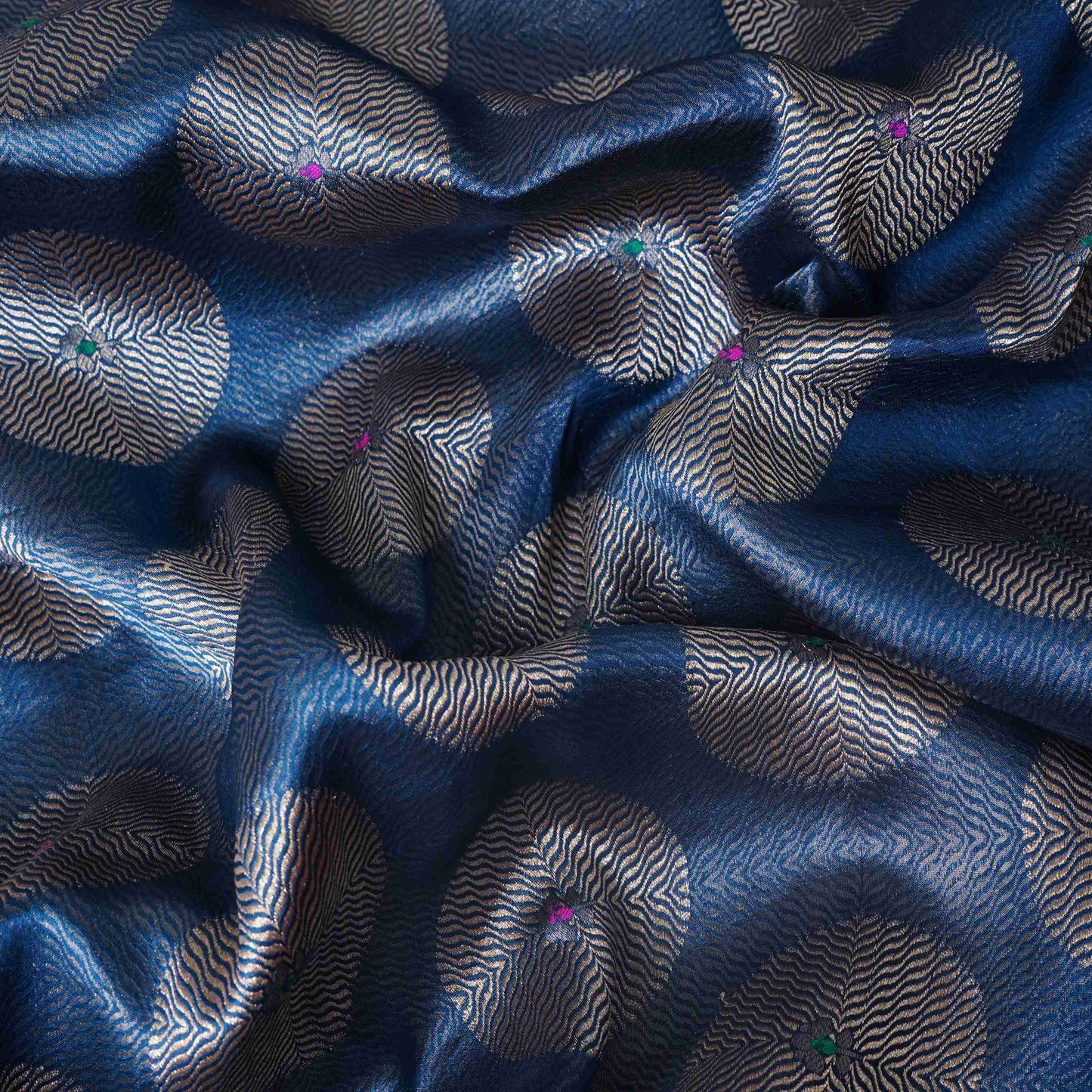 Navy Blue Zari Buta Dupion Silk Tissue Fabric YHF-32820