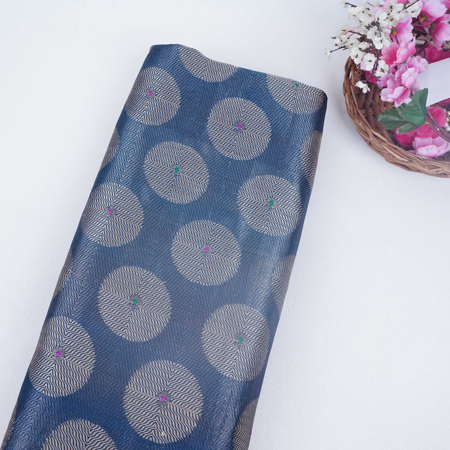 Navy Blue Zari Buta Dupion Silk Tissue Fabric YHF-32820