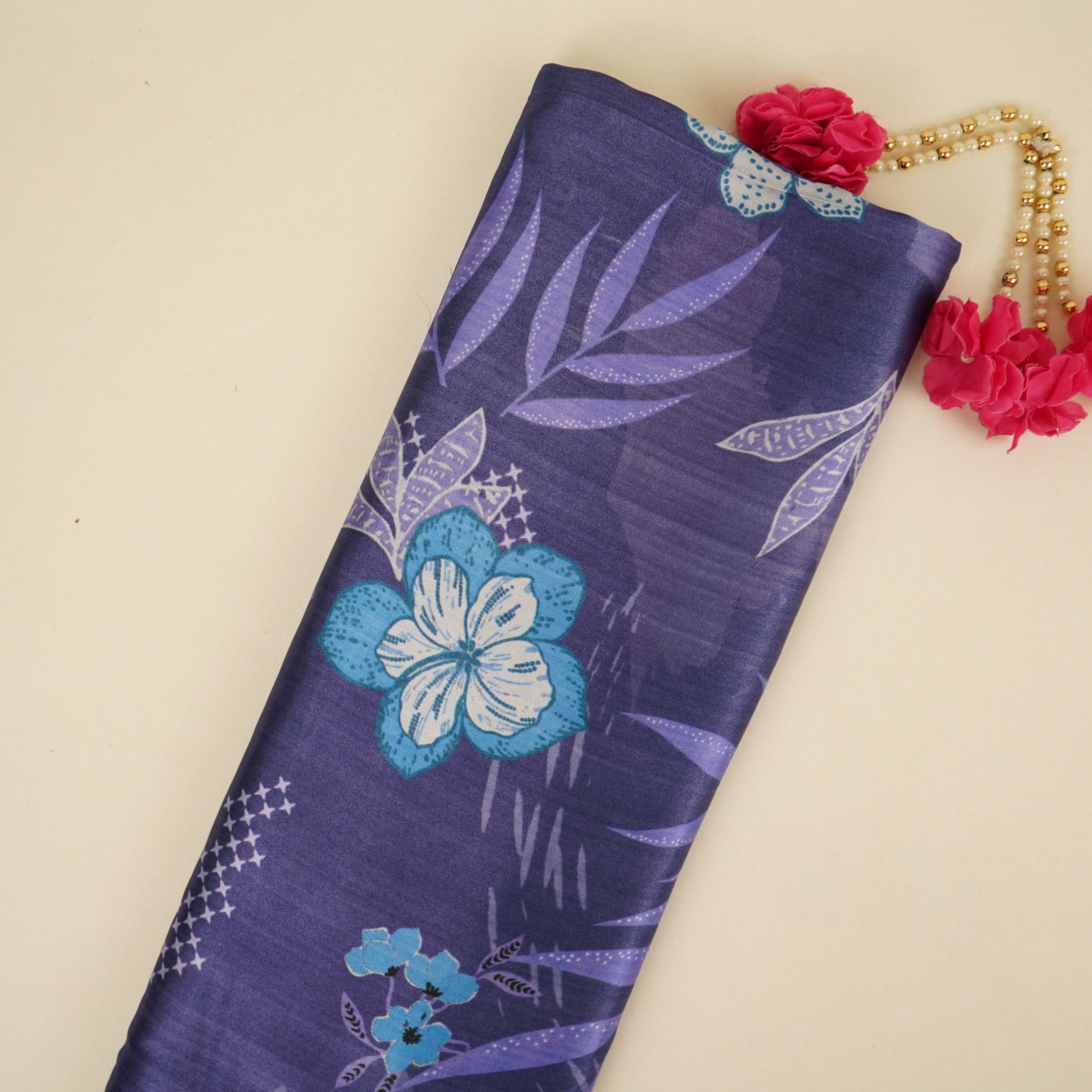 Royal Blue floral print Bemberg Modal Silk Fabric KTP-31422 - TradeUNO