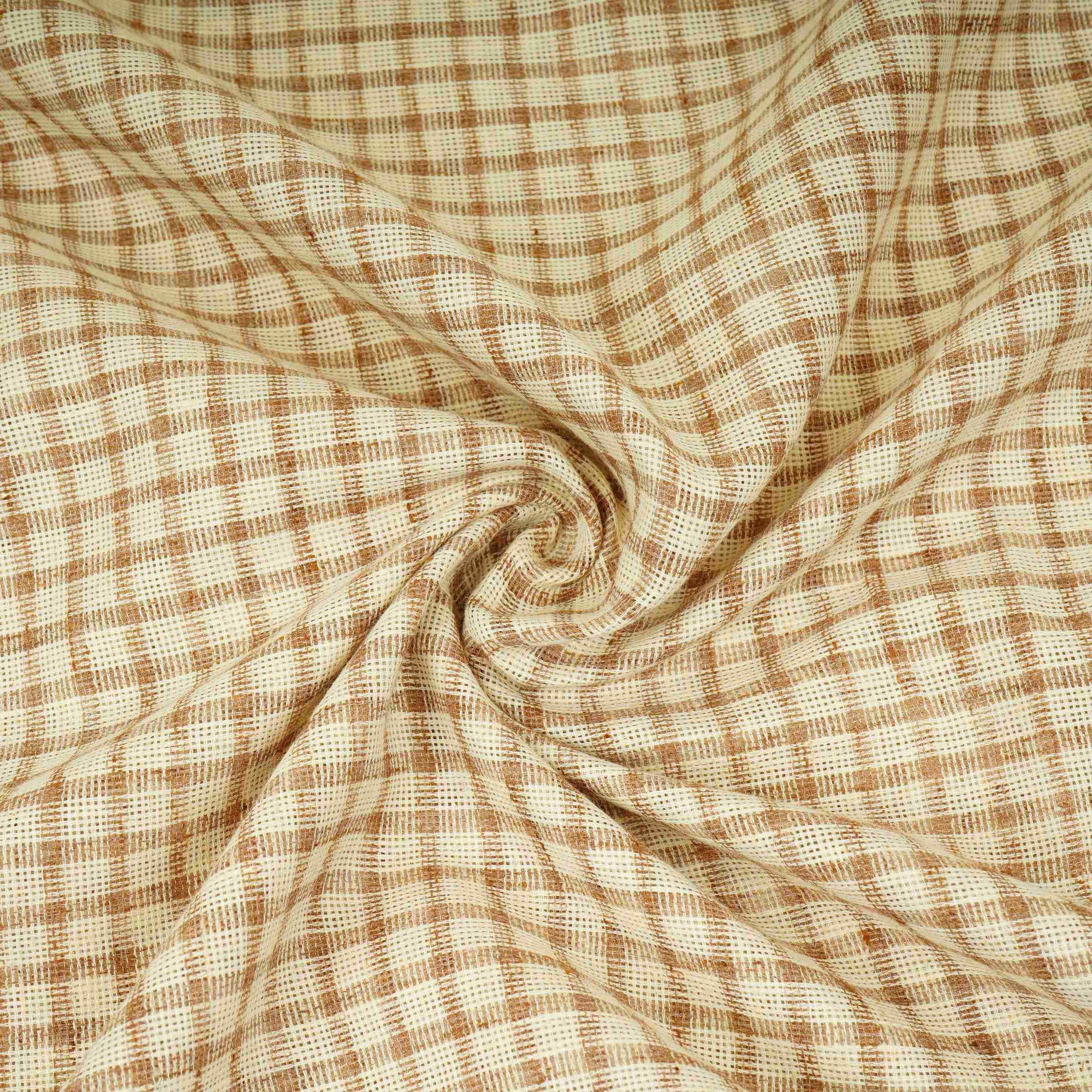 Cream with Brown Check Linen Denim Fabric RS-31216 - TradeUNO