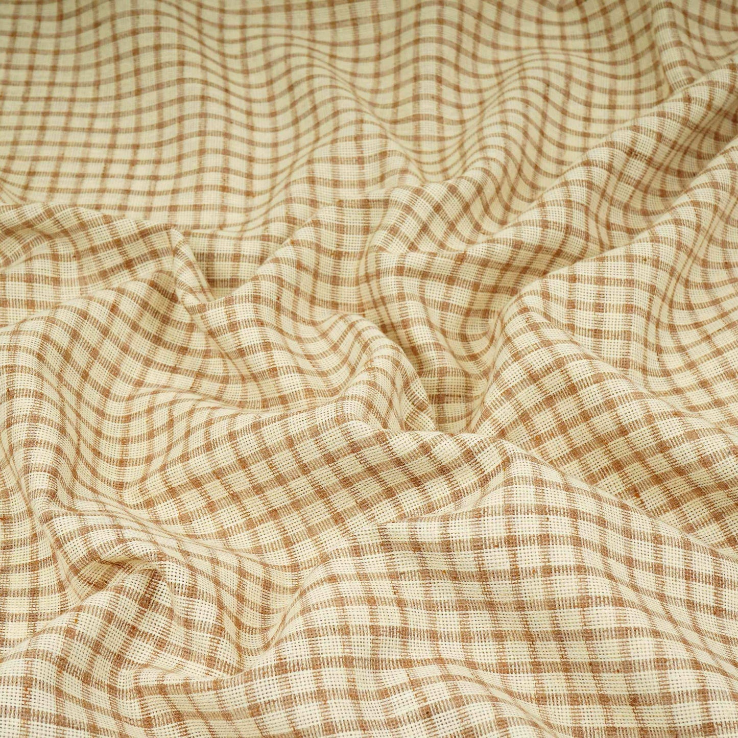 Cream with Brown Check Linen Denim Fabric RS-31216