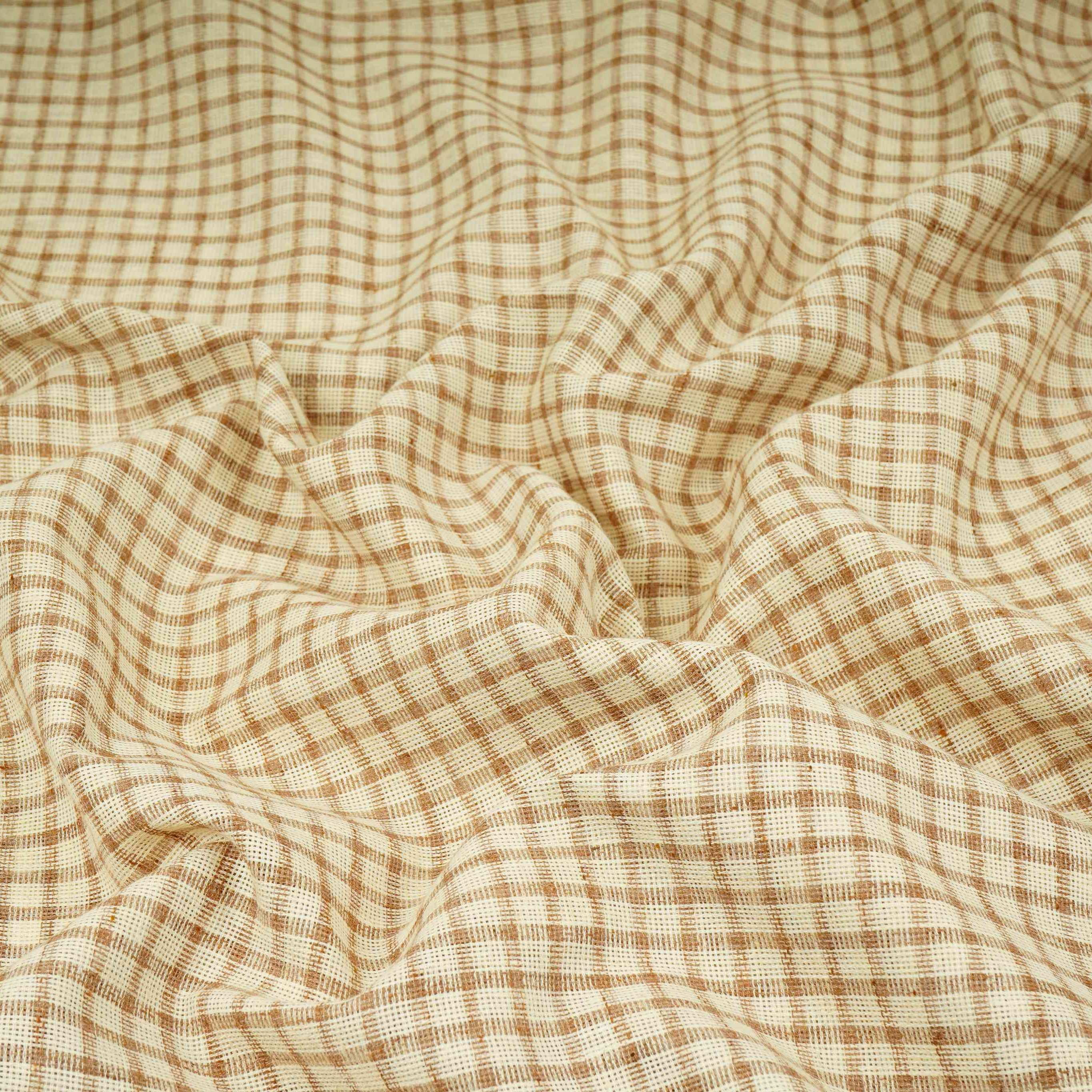 Cream with Brown Check Linen Denim Fabric RS-31216 - TradeUNO