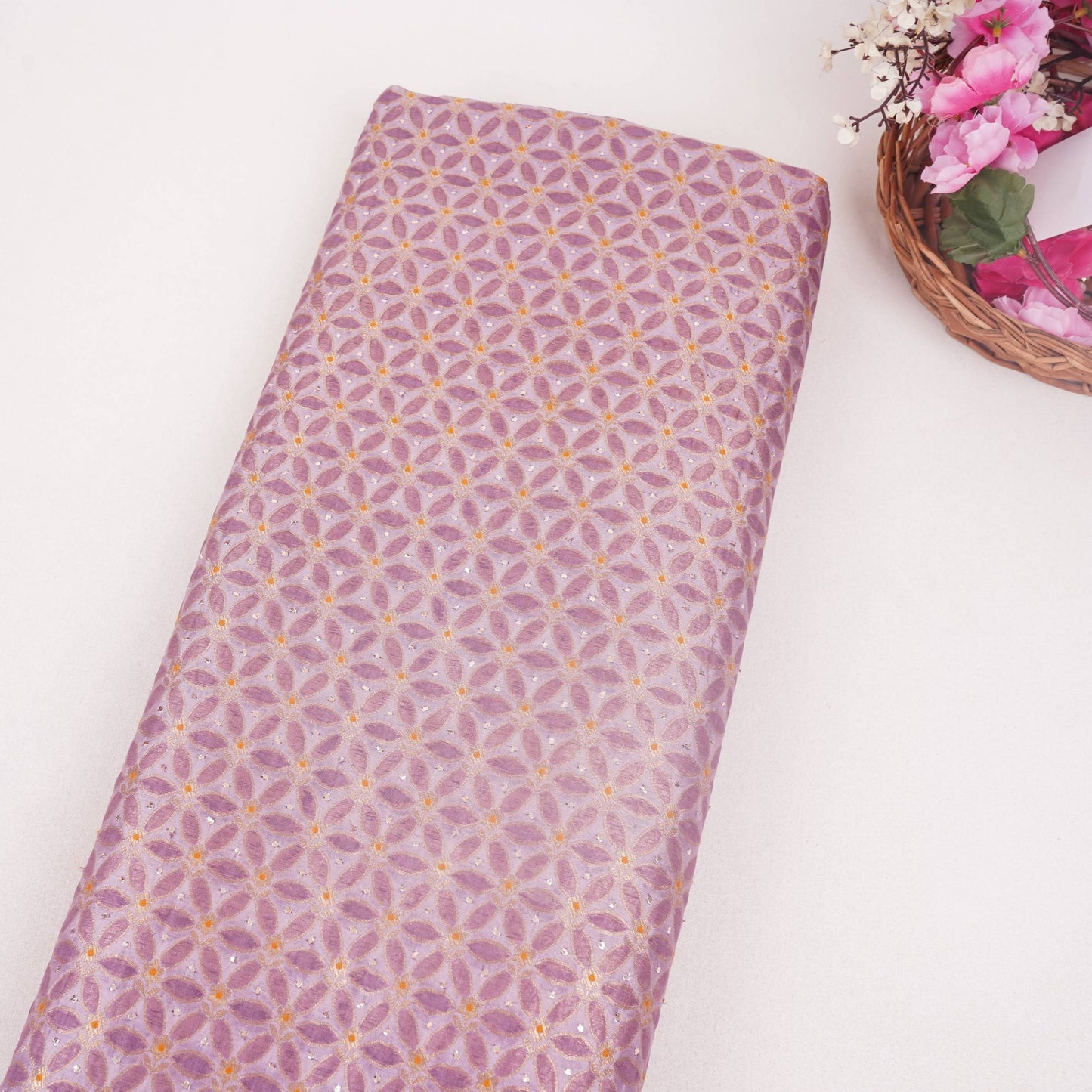 Lavender Grey Mukesh Work Organza Brocade Fabric YHF-32836