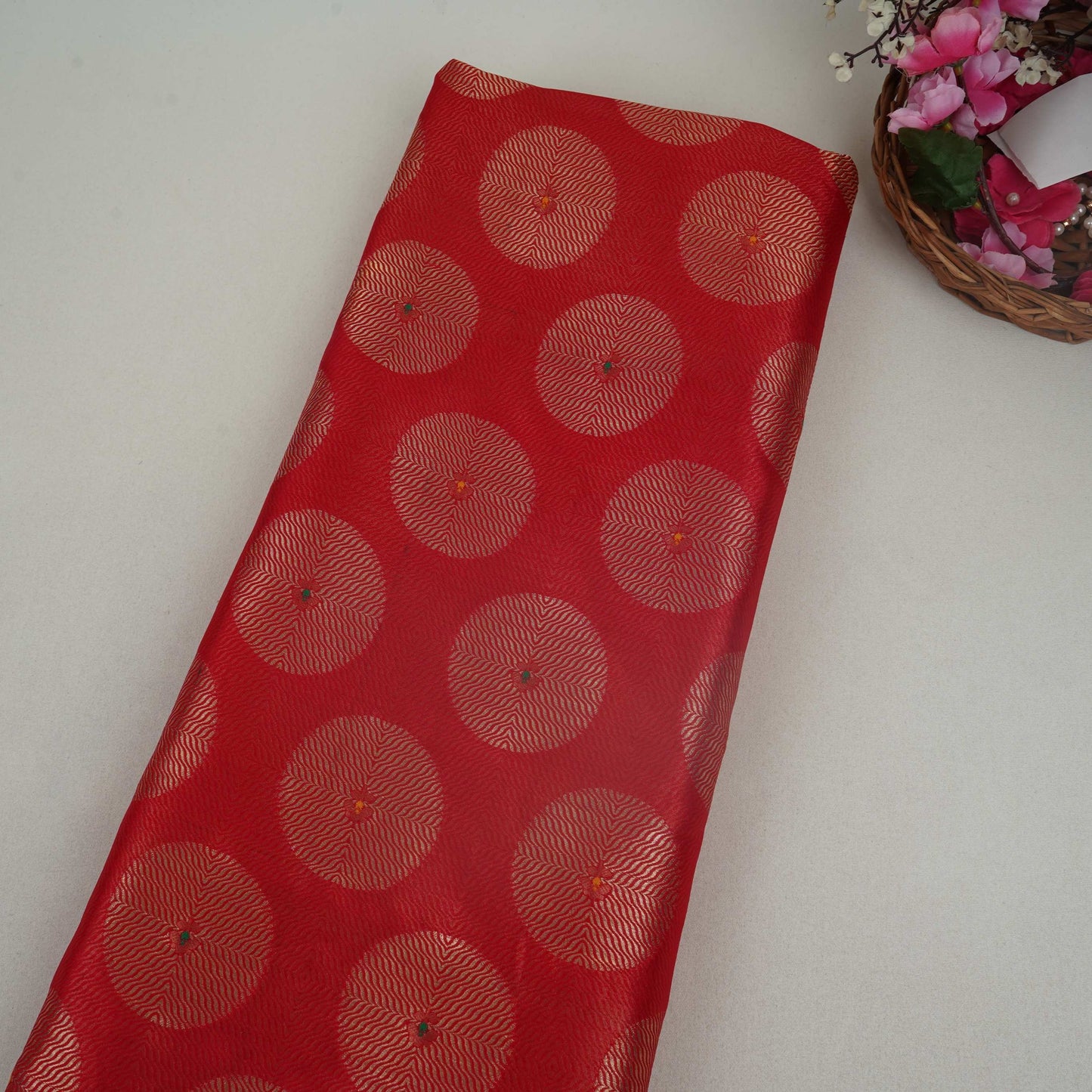 Red Zari Buta Dupion Silk Tissue Fabric YHF-32819