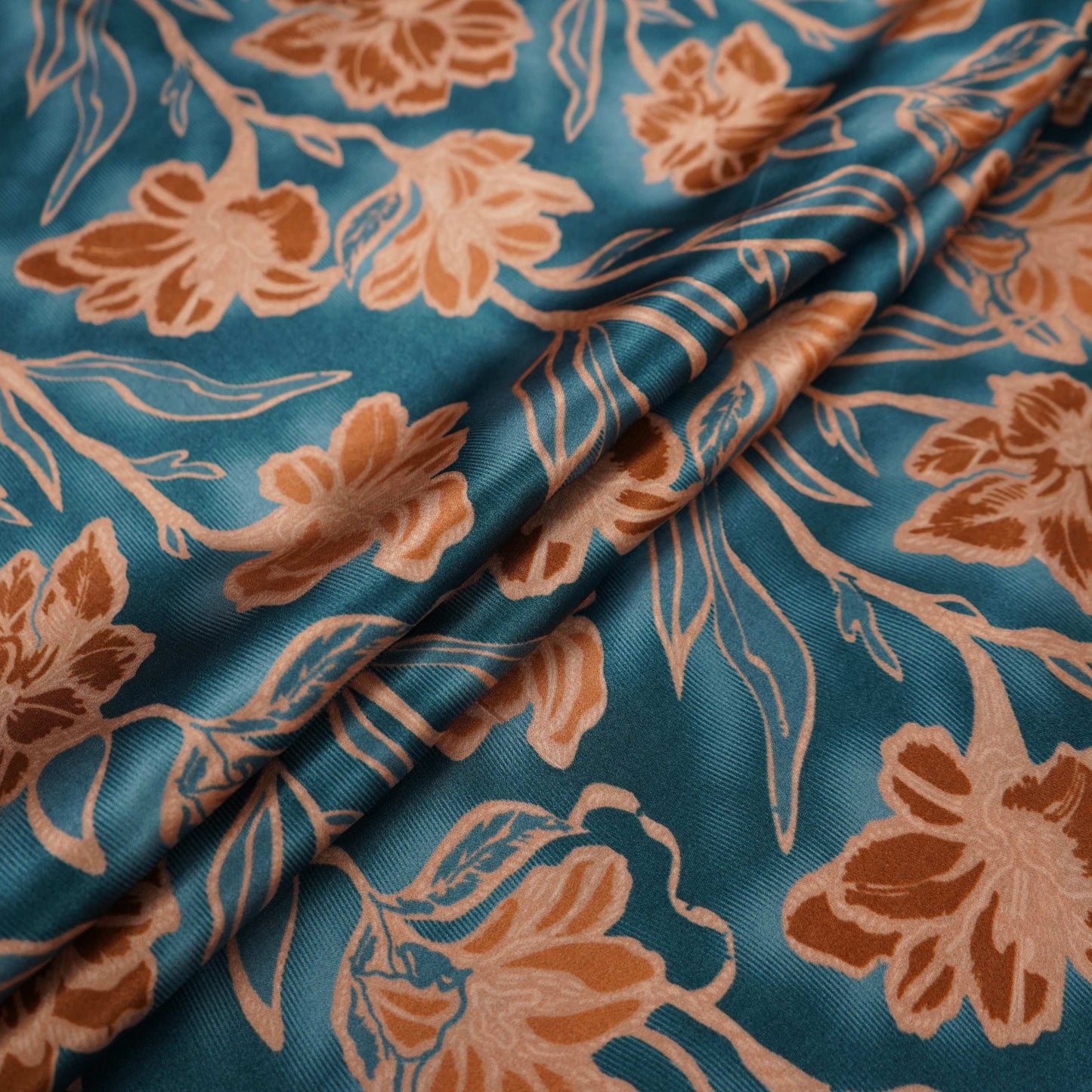 Teal Blue floral print Bemberg Modal Silk Fabric KTP-31428