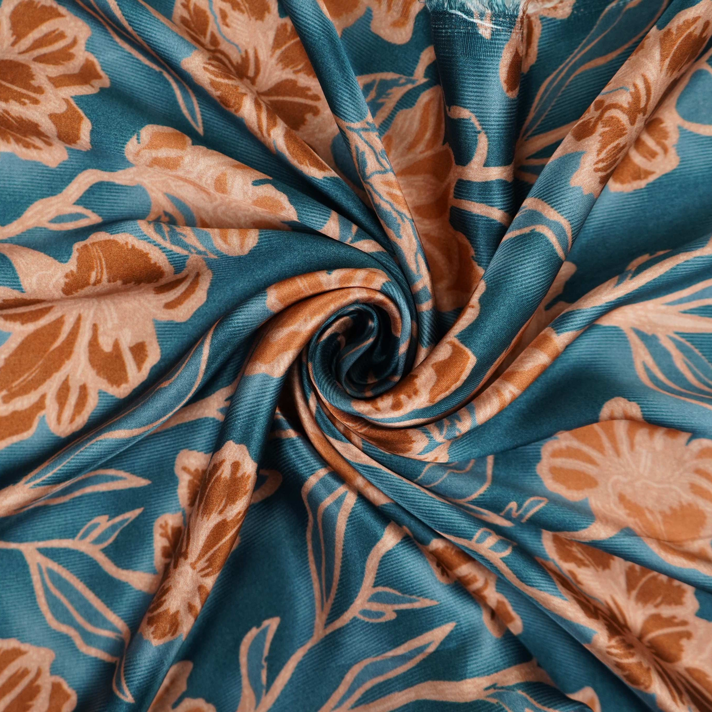 Teal Blue floral print Bemberg Modal Silk Fabric KTP-31428 - TradeUNO