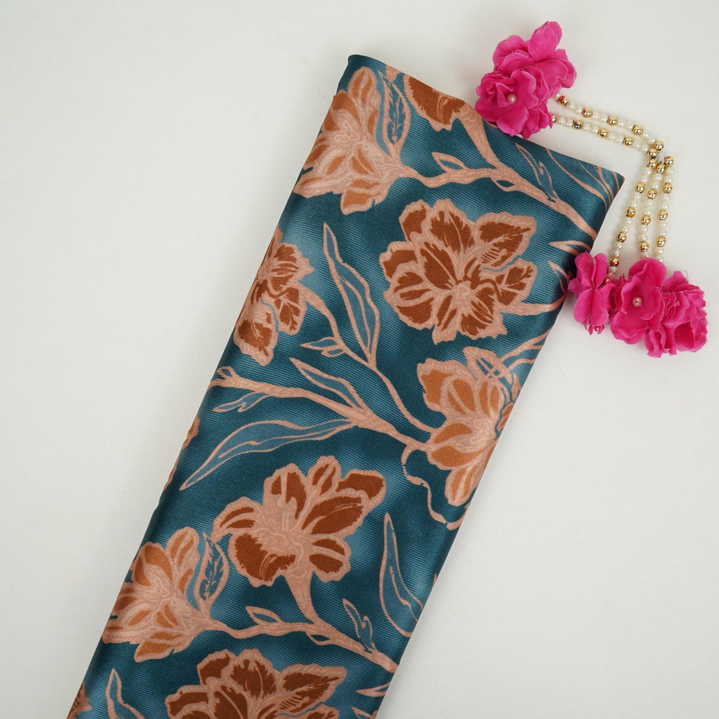 Teal Blue floral print Bemberg Modal Silk Fabric KTP-31428