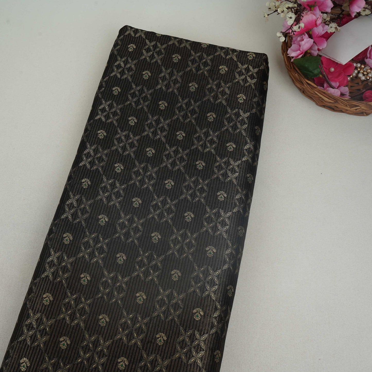 Black Jaal Dupion Silk Tissue Fabric YHF-32858