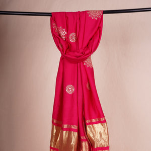 Pink Bandhani Zari Sequin embroidery Cotton Silk Dupatta