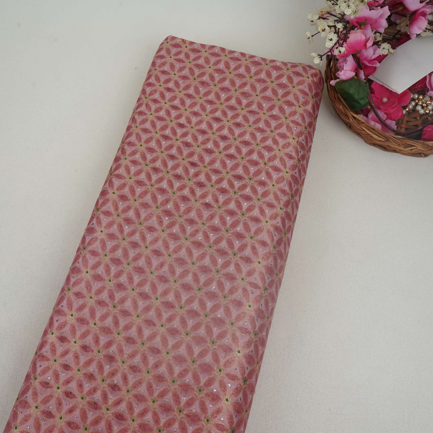 Light Lilac Mukesh Work Organza Brocade Fabric YHF-32835
