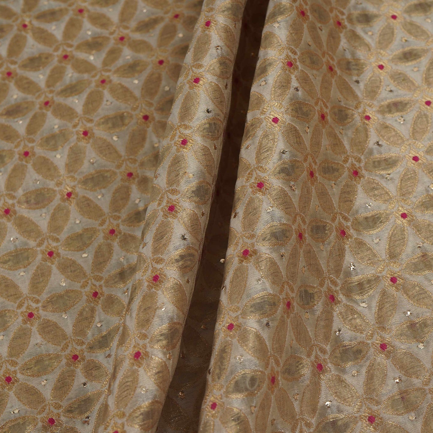 Ivory Mukesh Work Organza Brocade Fabric YHF-32833