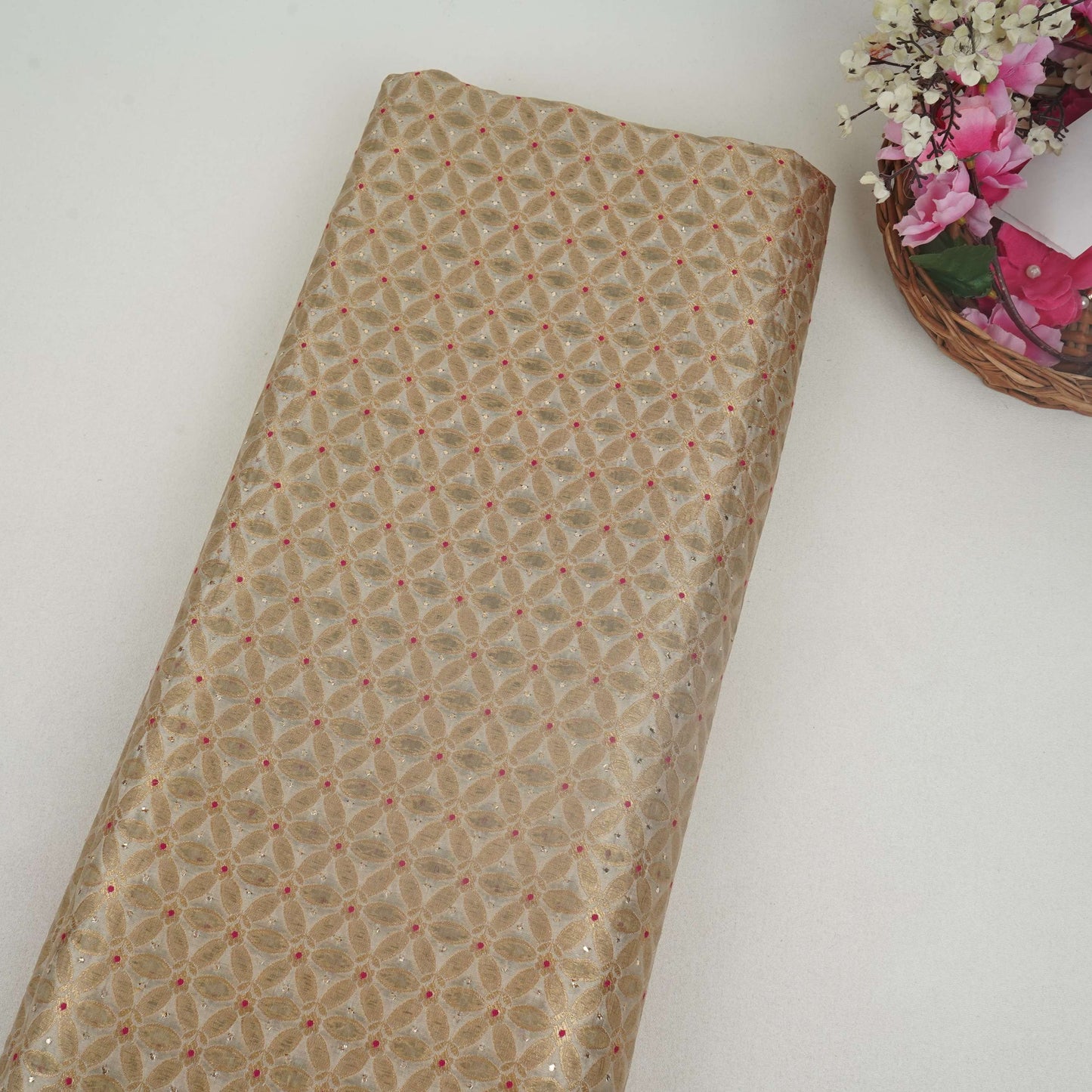 Ivory Mukesh Work Organza Brocade Fabric YHF-32833