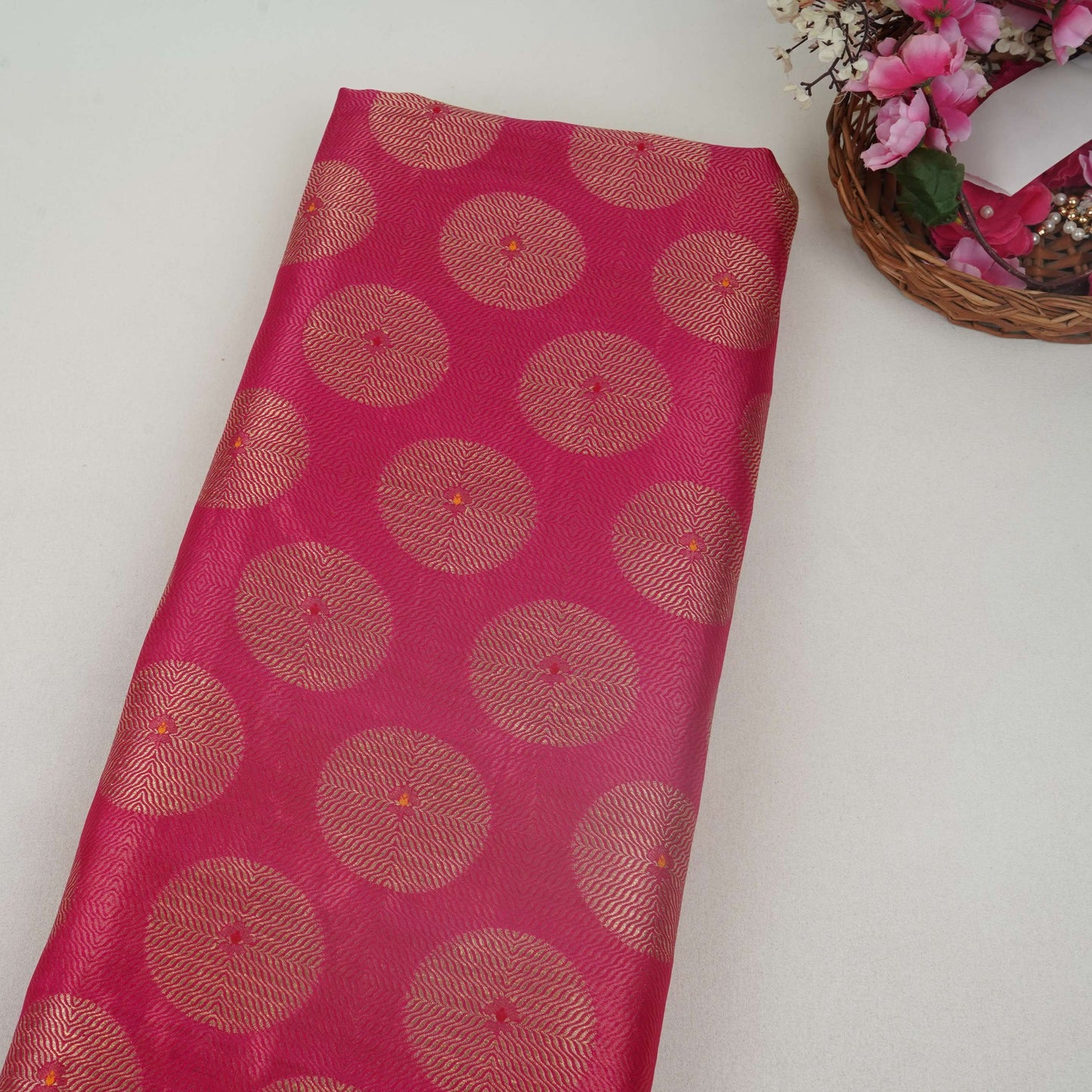 Magenta Pink Zari Buta Dupion Silk Tissue Fabric YHF-32817