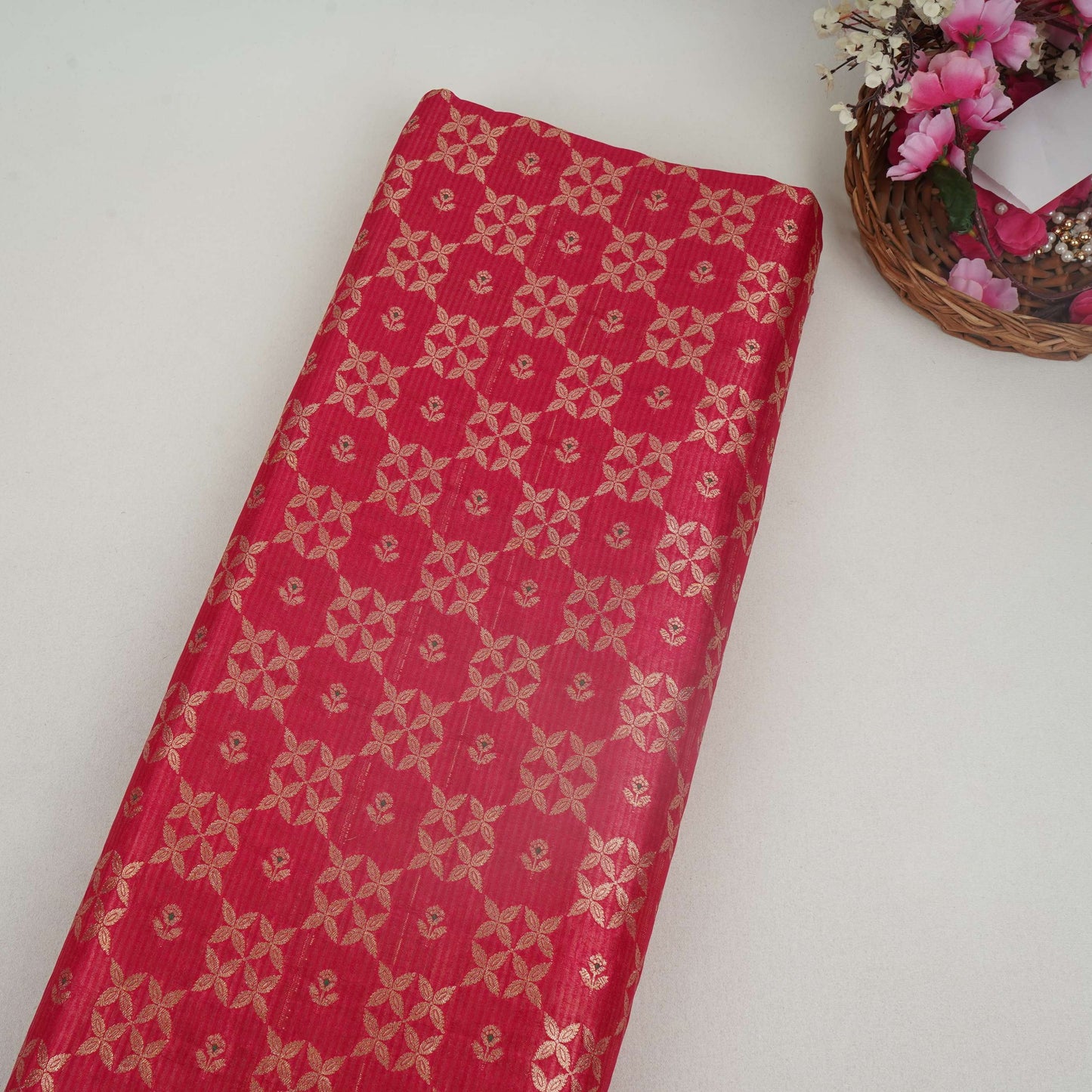 Hot Pink Jaal Dupion Silk Tissue Fabric YHF-32856