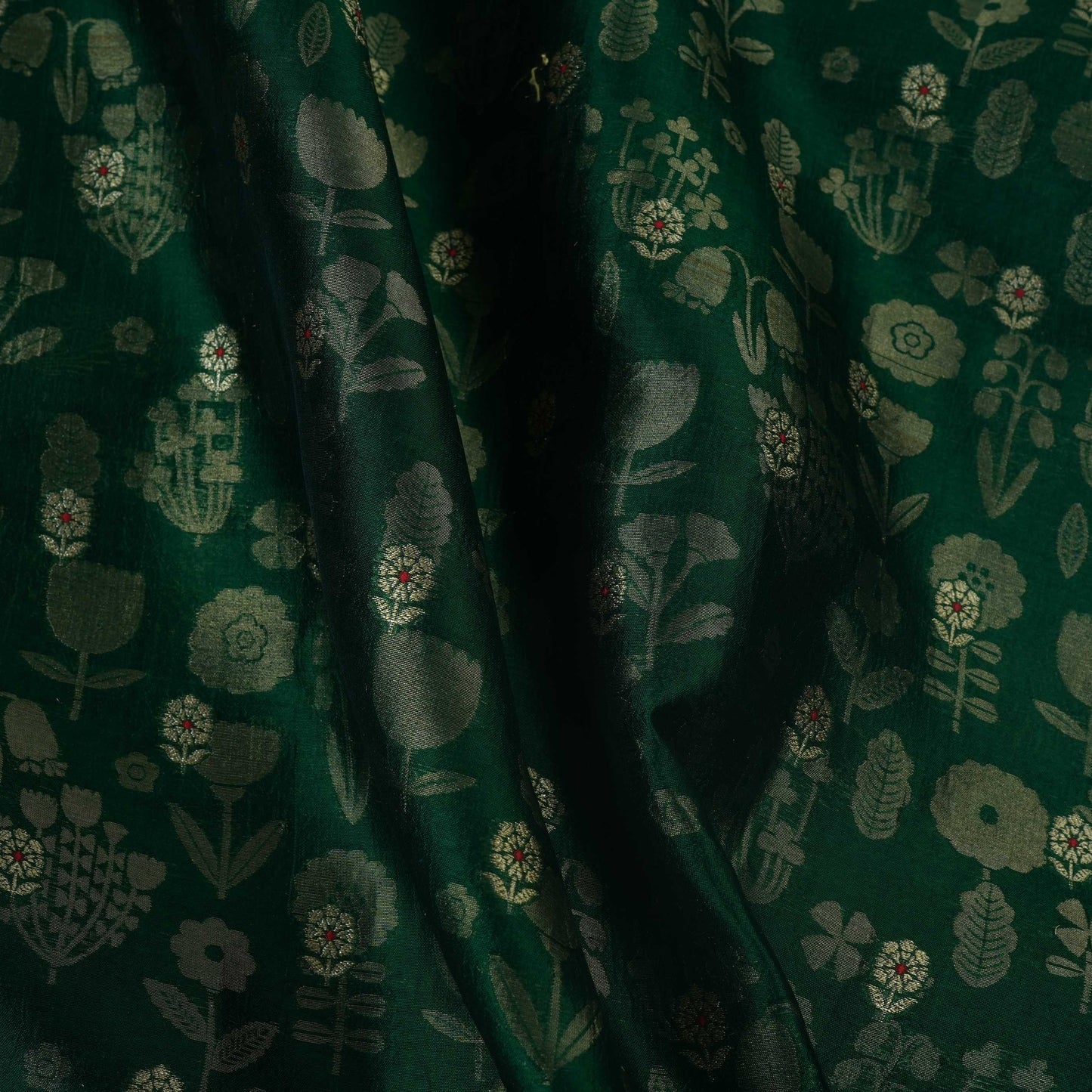 Dark Green Floral Zari Boota Dupion Silk Tissue Fabric YHF-32854