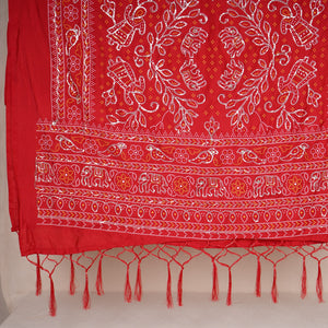 Red Bandhani Zari Sequin embroidery Cotton Silk Dupatta